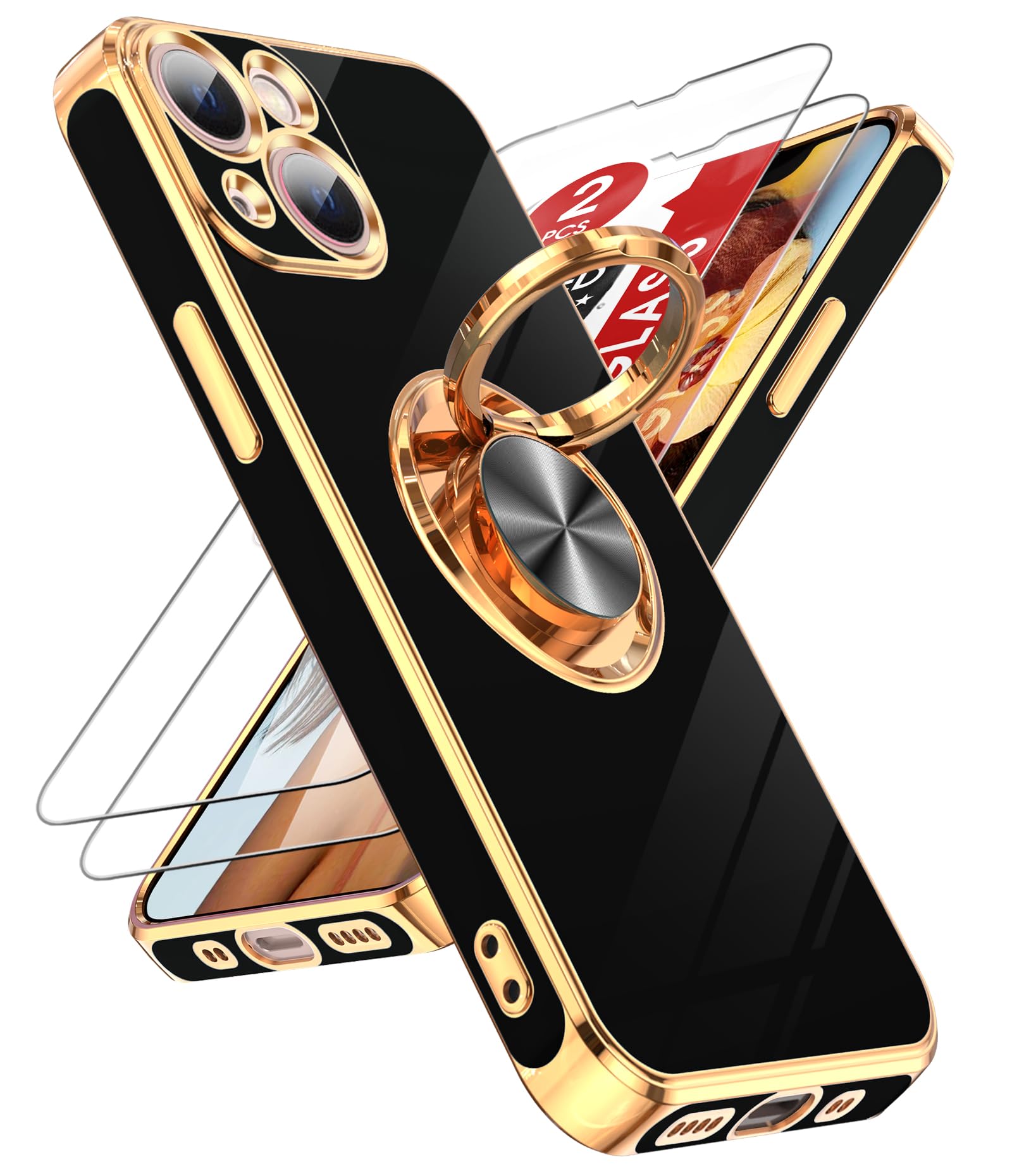 LeYi for iPhone 13 Mini Case: with 2 Pack Tempered Glass Screen Protector and 360° Rotatable Ring Holder Magnetic Kickstan...