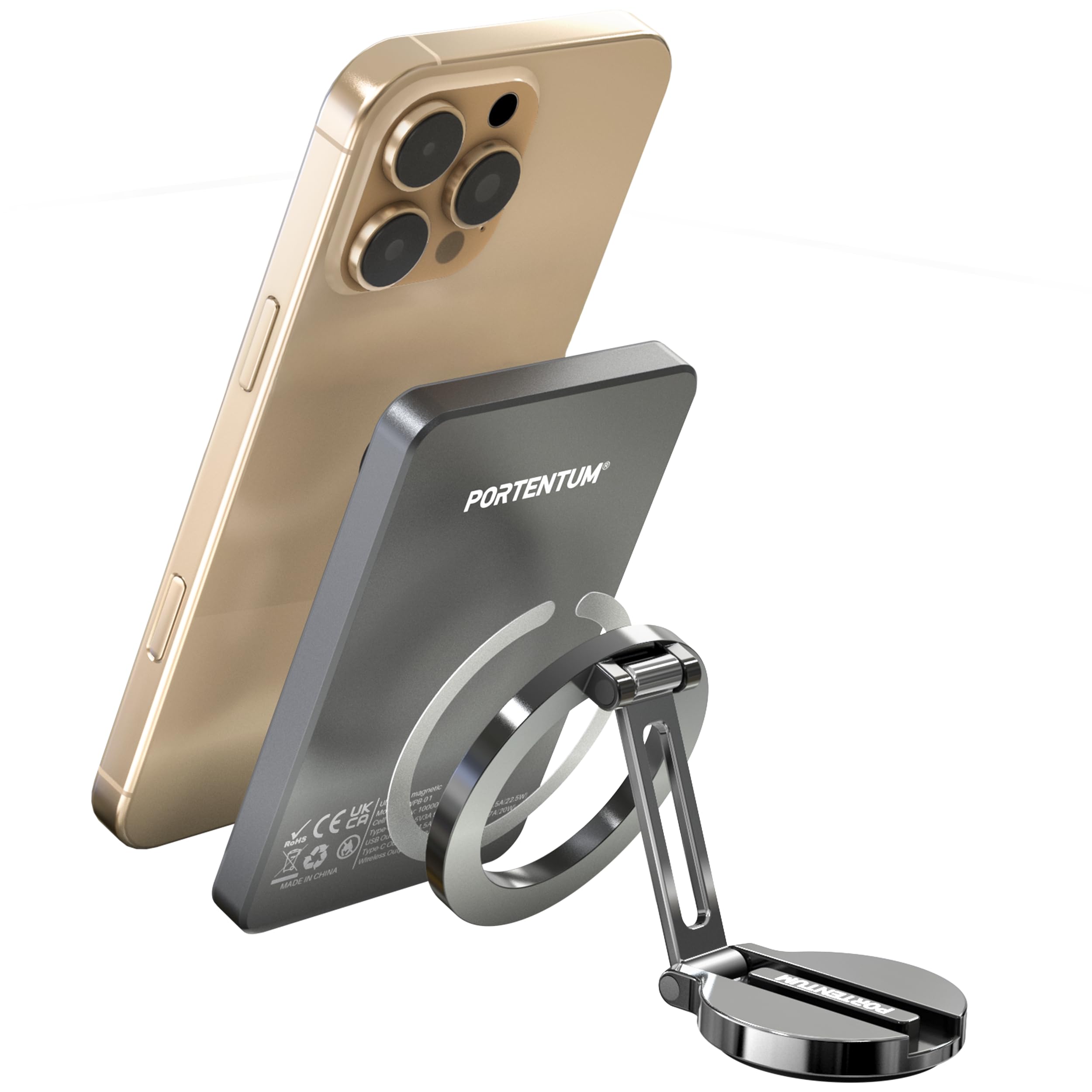 PORTENTUM Handyhalterung Auto für MagSafe Faltbar Dunkelgrau + MagSafe Powerbank 10000 mAh Ultra-Slim 14 mm – Kabelloses Schnellladen und Stabile Befestigung für
