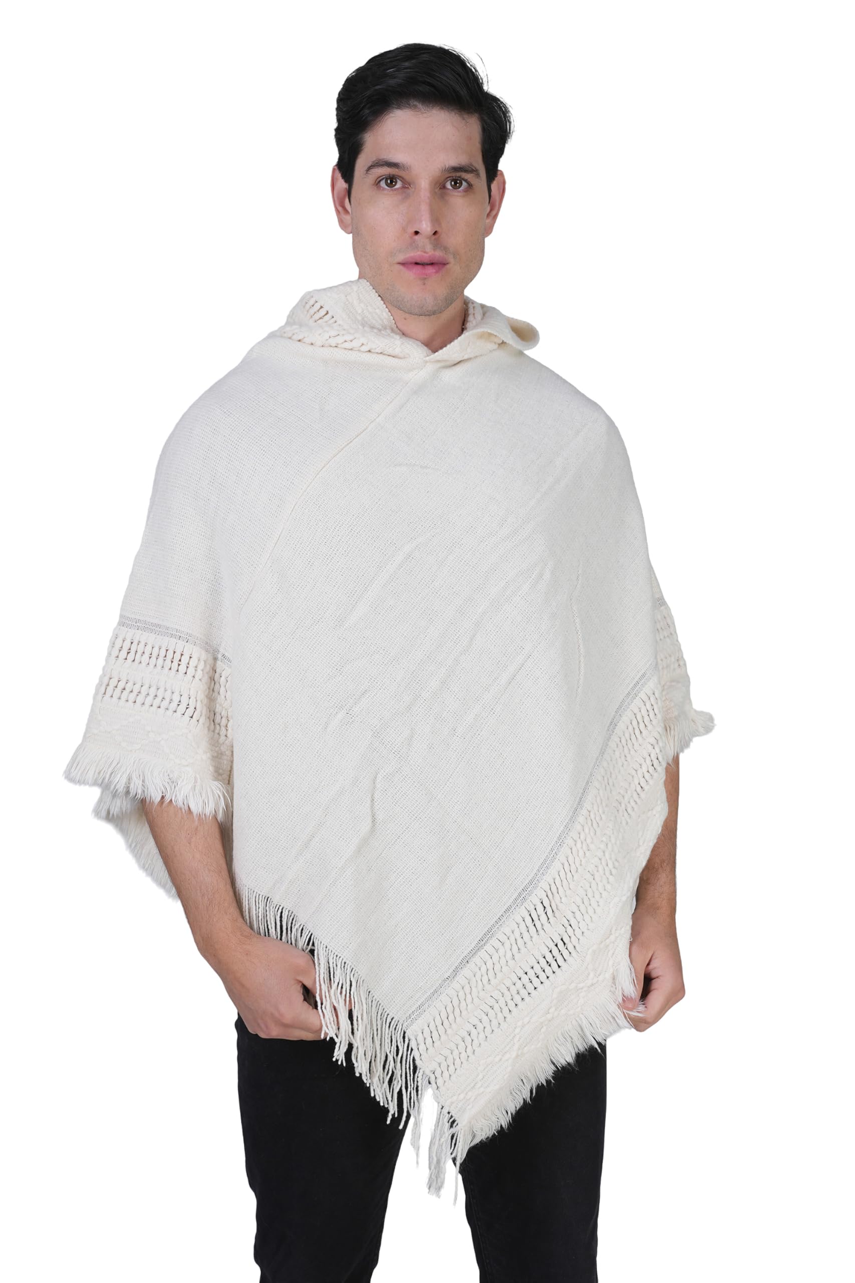 Men's Woolen Hooded Neck Solid Frill Poncho with Cap for Winter (IN, Alpha, L, Regular, CREAM)-image-19