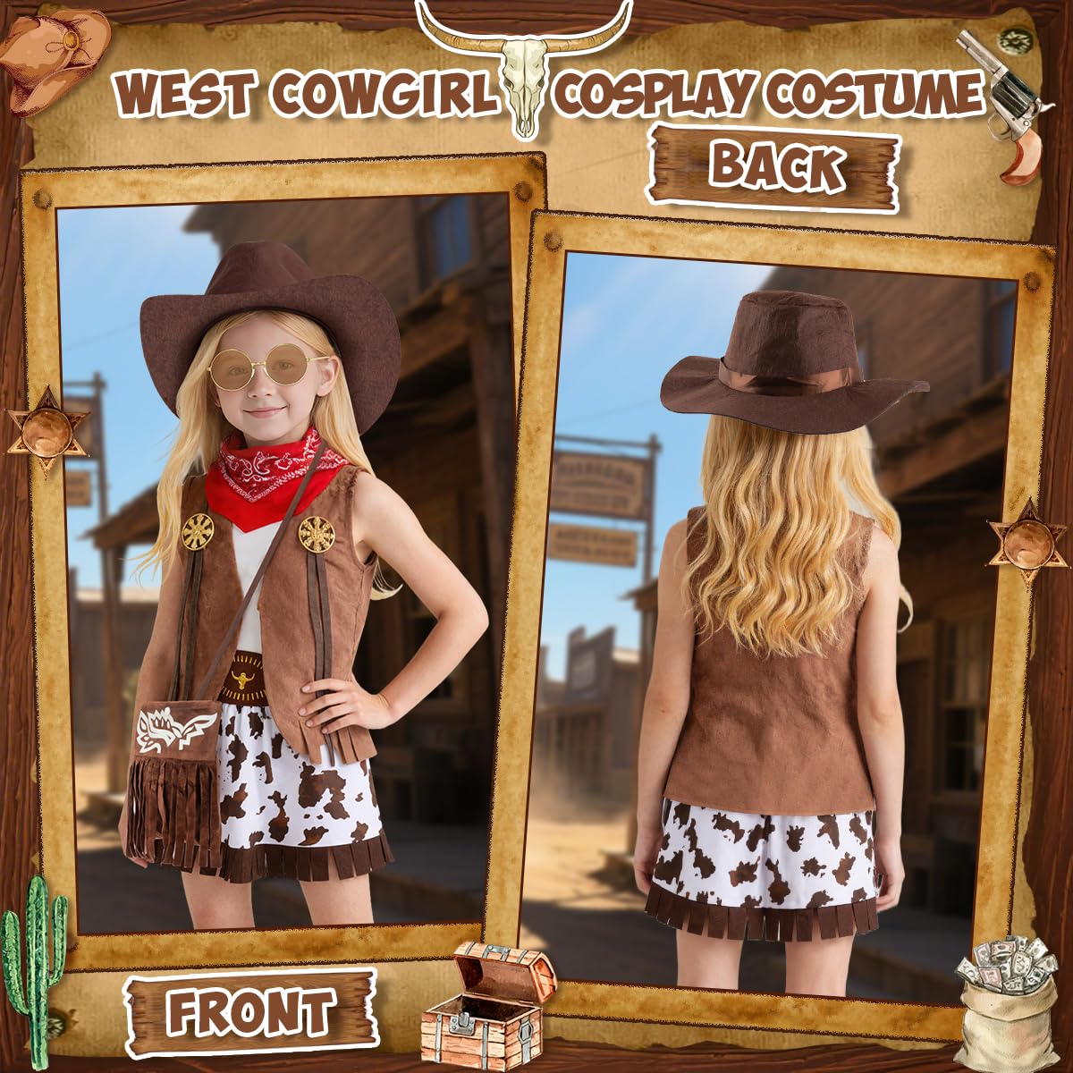 Cowgirl Costume Bambina, Western Vestito Cowgirl Bambina con Gilet, Cappello, Bandana Rossa, Costume da Cowgirl per Halloween Carnevale Cosplay Festa