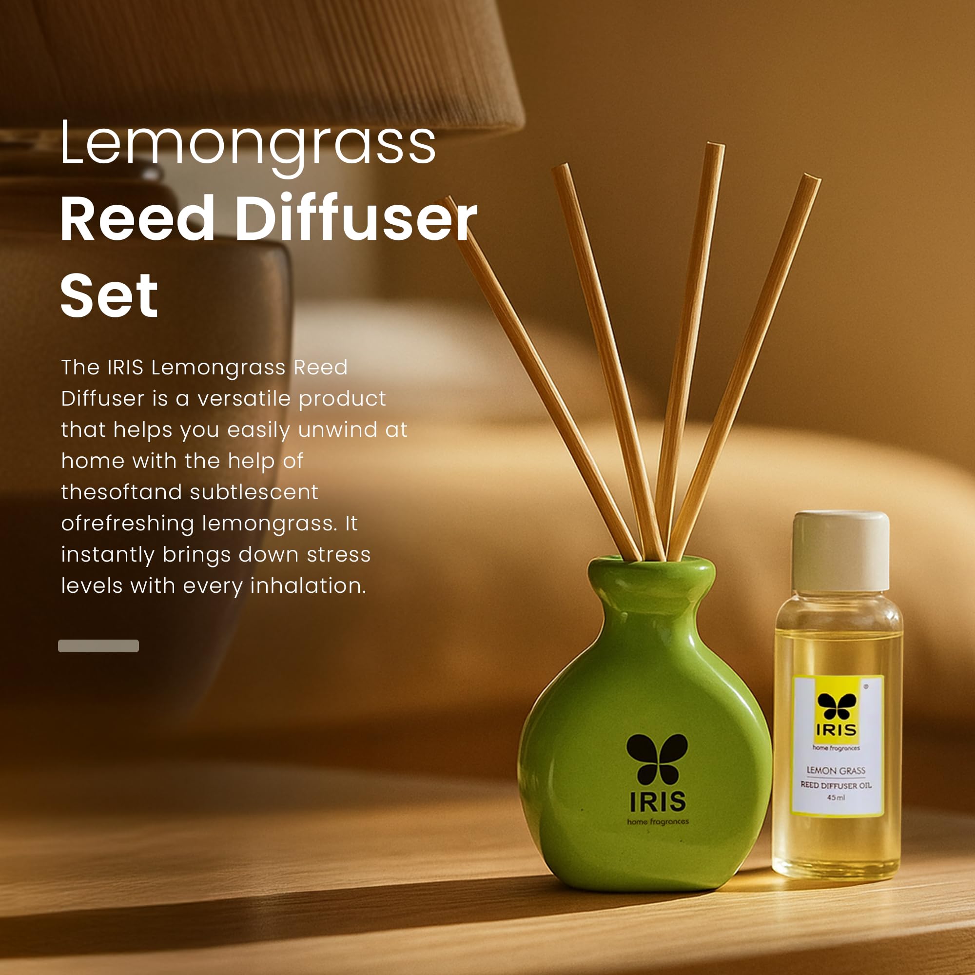 IRIS Lemongrass Reed Diffuser Set | 45ml Oil + 6 Reed Sticks + Ceramic Pot | Long-Lasting Home Fragrance for Bedroom, Living Room & Office | Ideal for Gifting 2