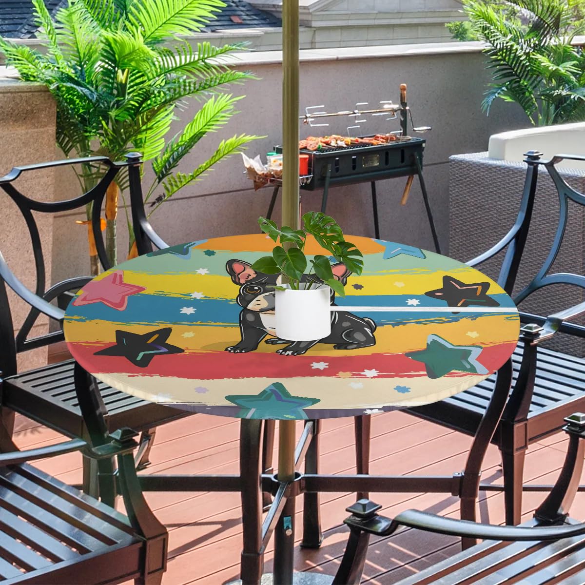 Tablerazzi Cute Dog Round Outdoor Tablecloth with Umbrella Hole and Zipper Puppy Cartoon Doggy Fitted Tablecloth Wipeable Table Cloth for Picnic Garden, 36''-44''