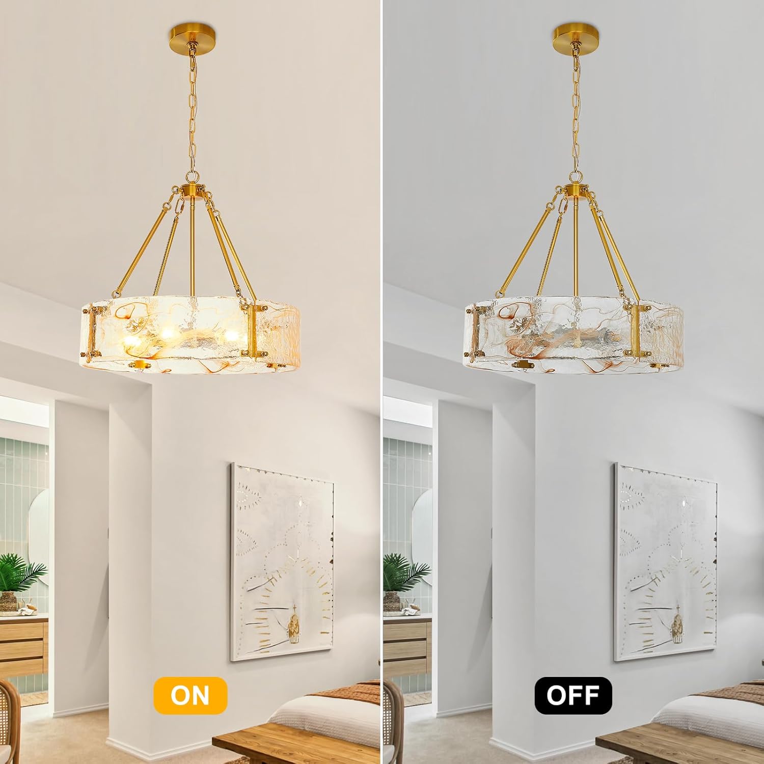 WILON Chandeliers for Dining Room, Modern Glass Pendant Light Fixtures,6-Light Foyer Kitchen Lighting Fixtures Textured Hanging Lights for Bedroom, Bathroom, Laundry Room, Entryway, Hallway (Gold)