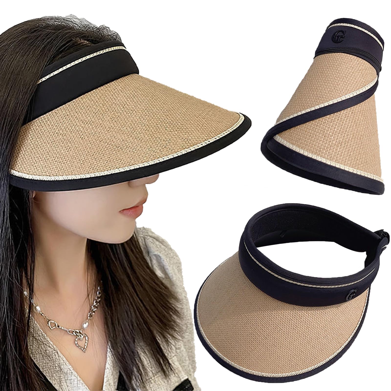 XIXKOLYUXIXKOLYU® Sombrero de sol para mujer con ala grande, plegable, sombrero de paja, se puede guardar y llevar fácilmente para verano, protección solar, deportes y playa(caqui)