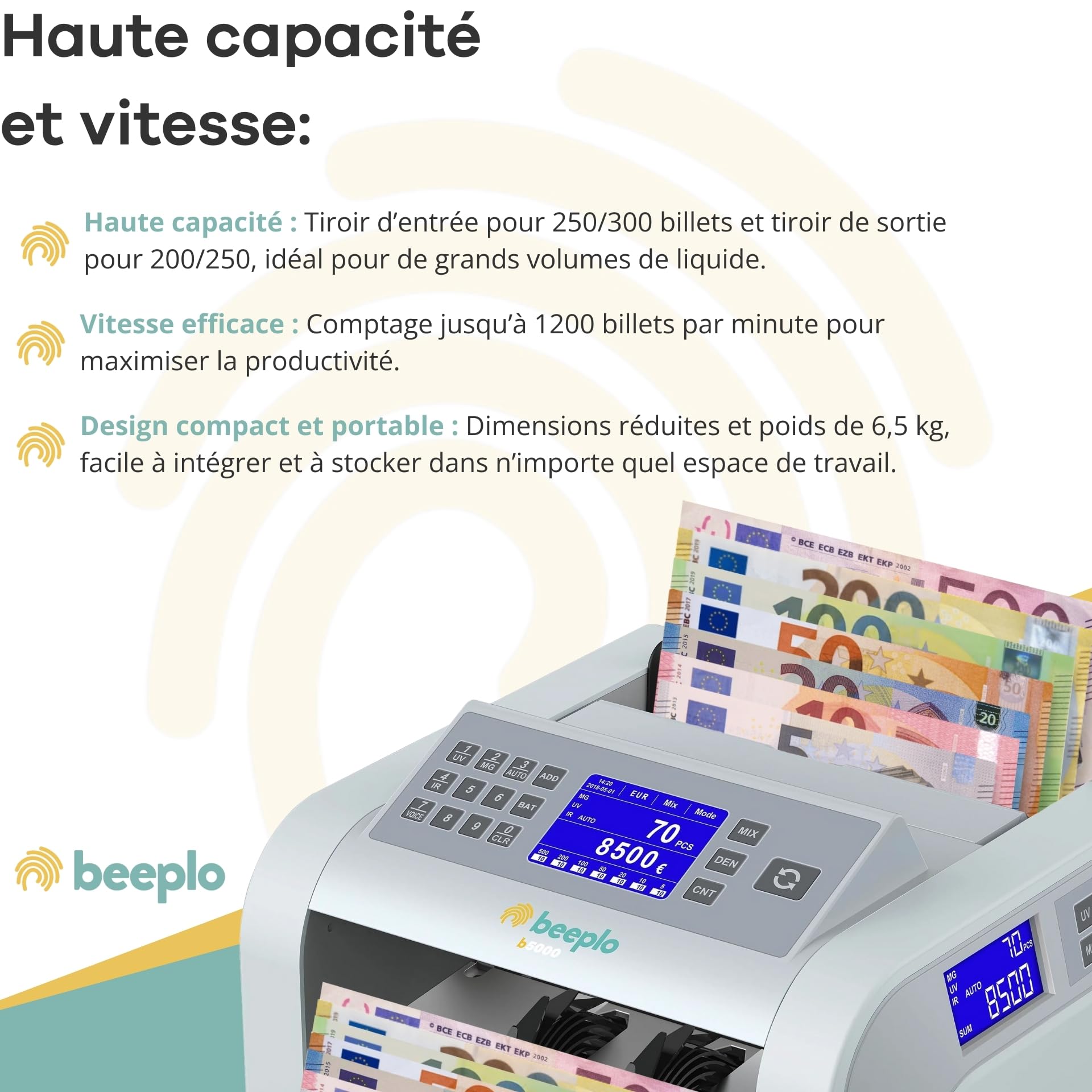 b5000 Compteuse Totalisatrice de Billets EUR | 5 Systèmes de Détection, Compte et Totalise, Détecte les Billets, Précision Totale, Garantie 4 ans