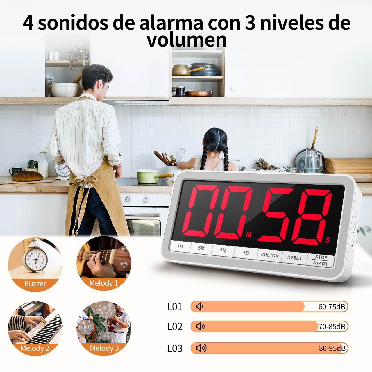 VOCOO Temporizador de Cocina Digital: Temporizador de Cuenta Regresiva magnética Extra Grande con 3 Brillo, 4 alarmas y 3 Niveles de Volumen, Temporizador de batería LED para cocinar (Blanco)