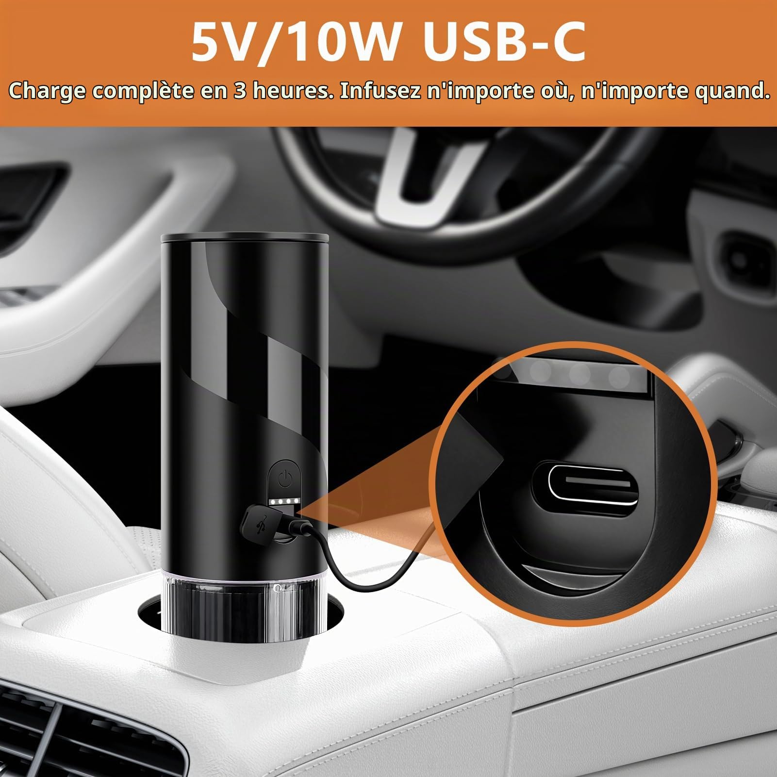Machine à Café Portable, Réservoir 100 ml, Étanche IPX5, 20 Bars, Cafetière Portable USB-C Compatible vec Capsules Nespresso Original et Café Moulu, pour Voiture, Camping et Bureau