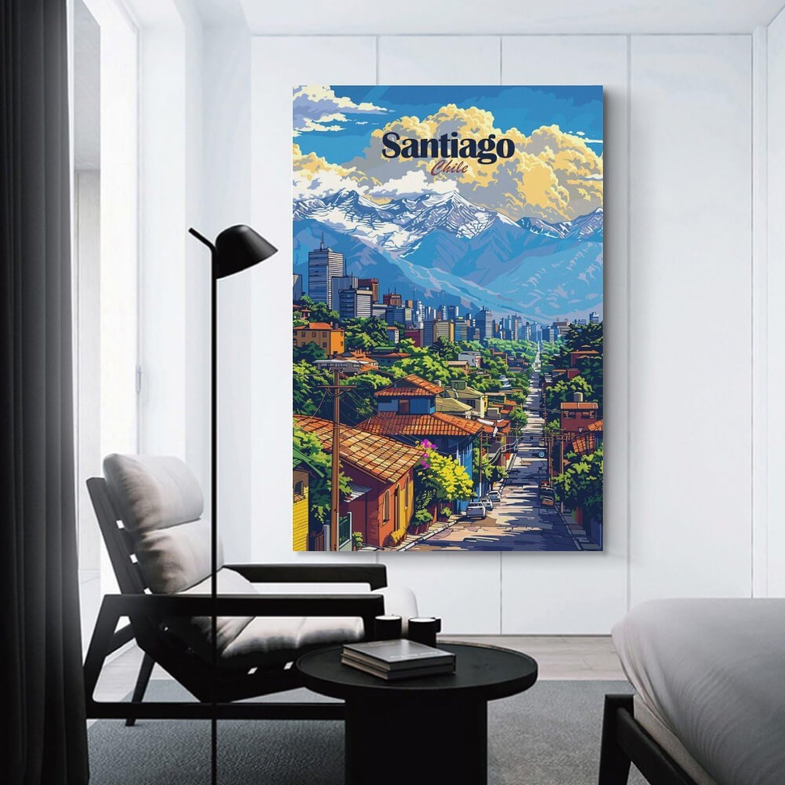 Junmoney Canvas Art Print Santiago Chile Cityscape Illustration, 12x18inch(30x45cm), for Office, Study Or Home Workspace, Home Office Artwork with Decorative Appeal