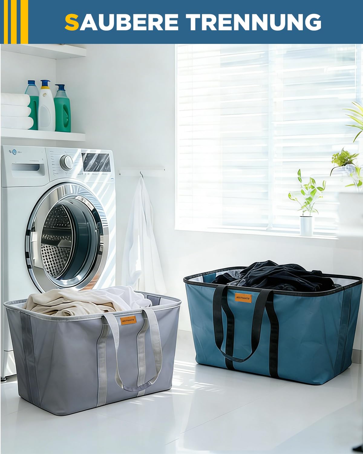 SOUTHGATE Faltbarer Wäschekorb 2er Set (Blau/Grau), je 68L, extra flach 2 cm, schnell zusammenklappbar, freistehend, 600D Oxford, abwischbares Innenfutter, Standfüße & Tragegriffe