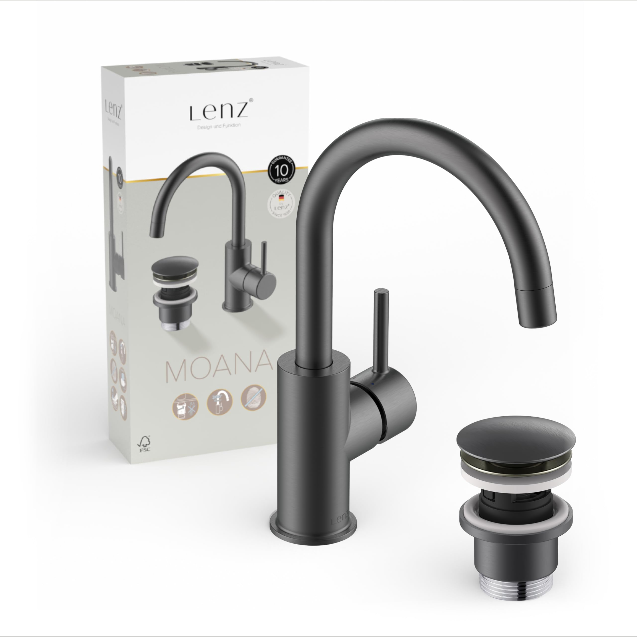 Mitigeur lavabo Moana Lenz graphite pour une salle de bain zen