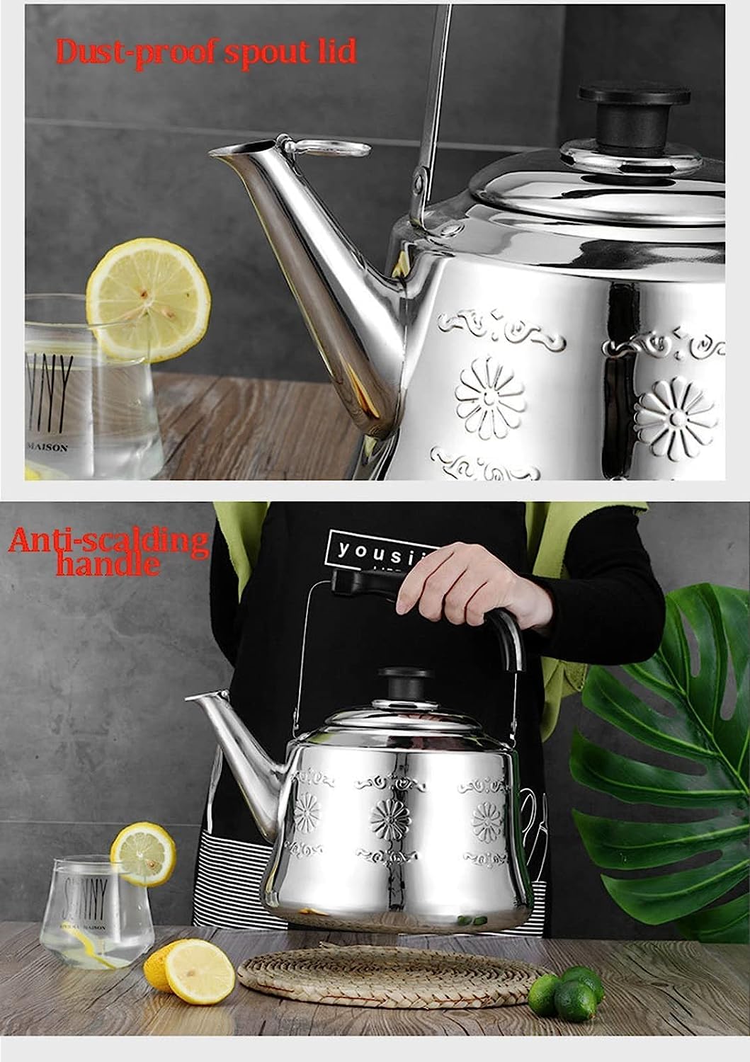 Czajnik z Gwizdkiem Tłoczenie Retro Czajniczek Gwizdający Czajnik Ze Stali Nierdzewnej Z Uchwytem Przeciw Poparzeniu Kuchenka Gazowa Kuchenka Indukcyjna Gwizdanie Czajnik Czajnik Kuchenek(5L)