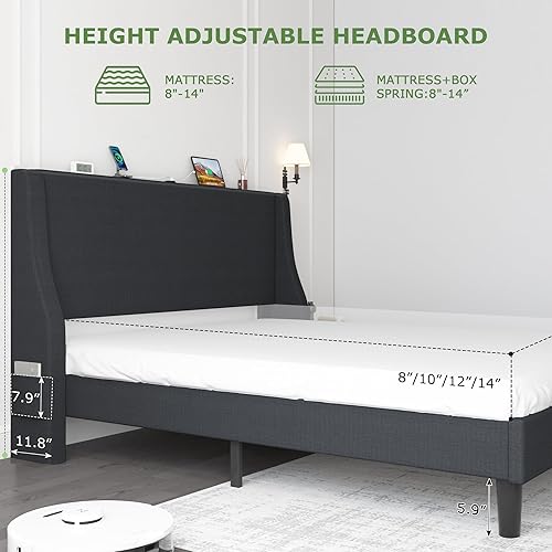 Miniatura 50 de VECELO Base de cama matrimonial con cabecera tapizada con respaldo alado, plataforma resistente con estación de carga y bolsillos laterales, no