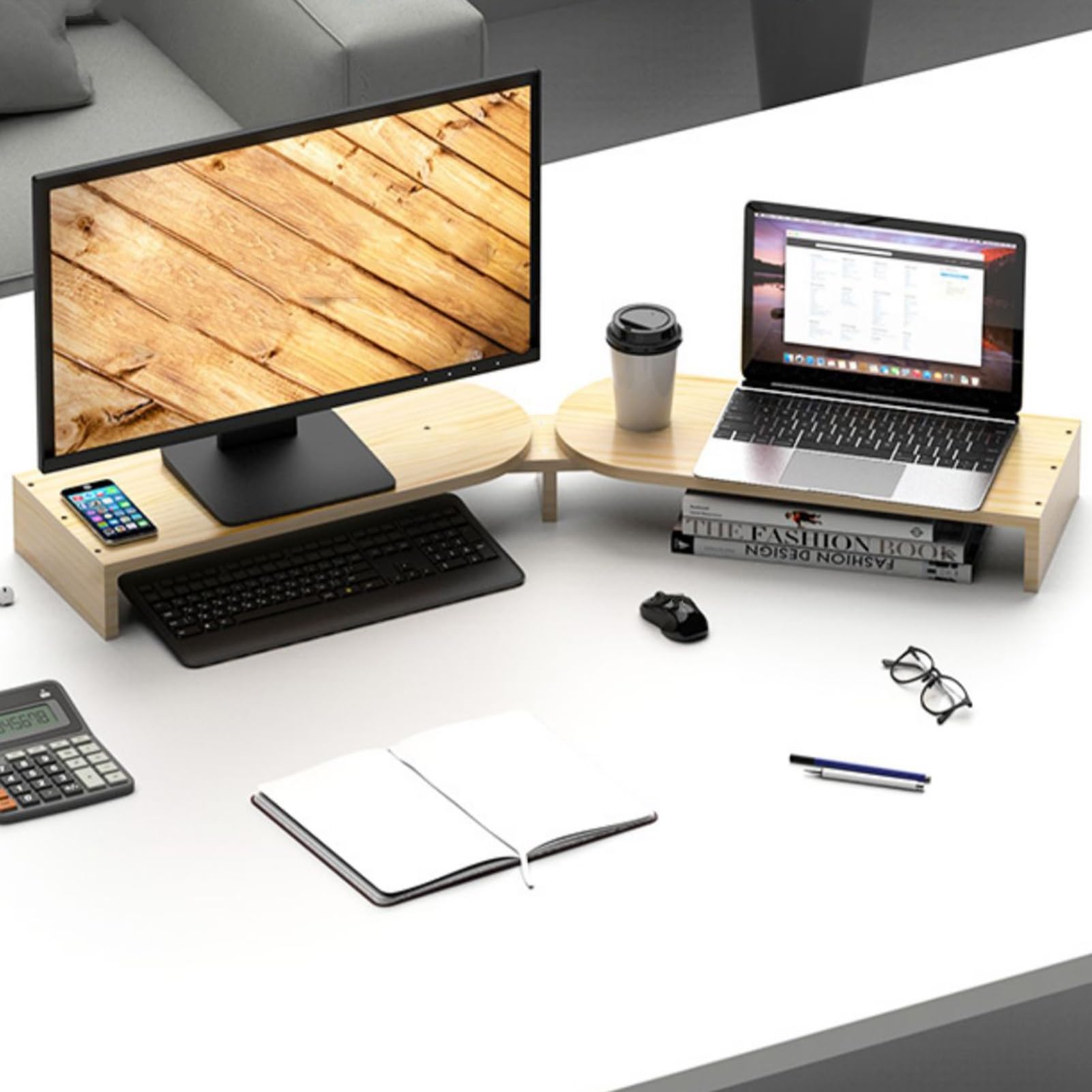 Support de moniteur d'angle en bois réglable pour 2 écrans d'ordinateur et PC portable