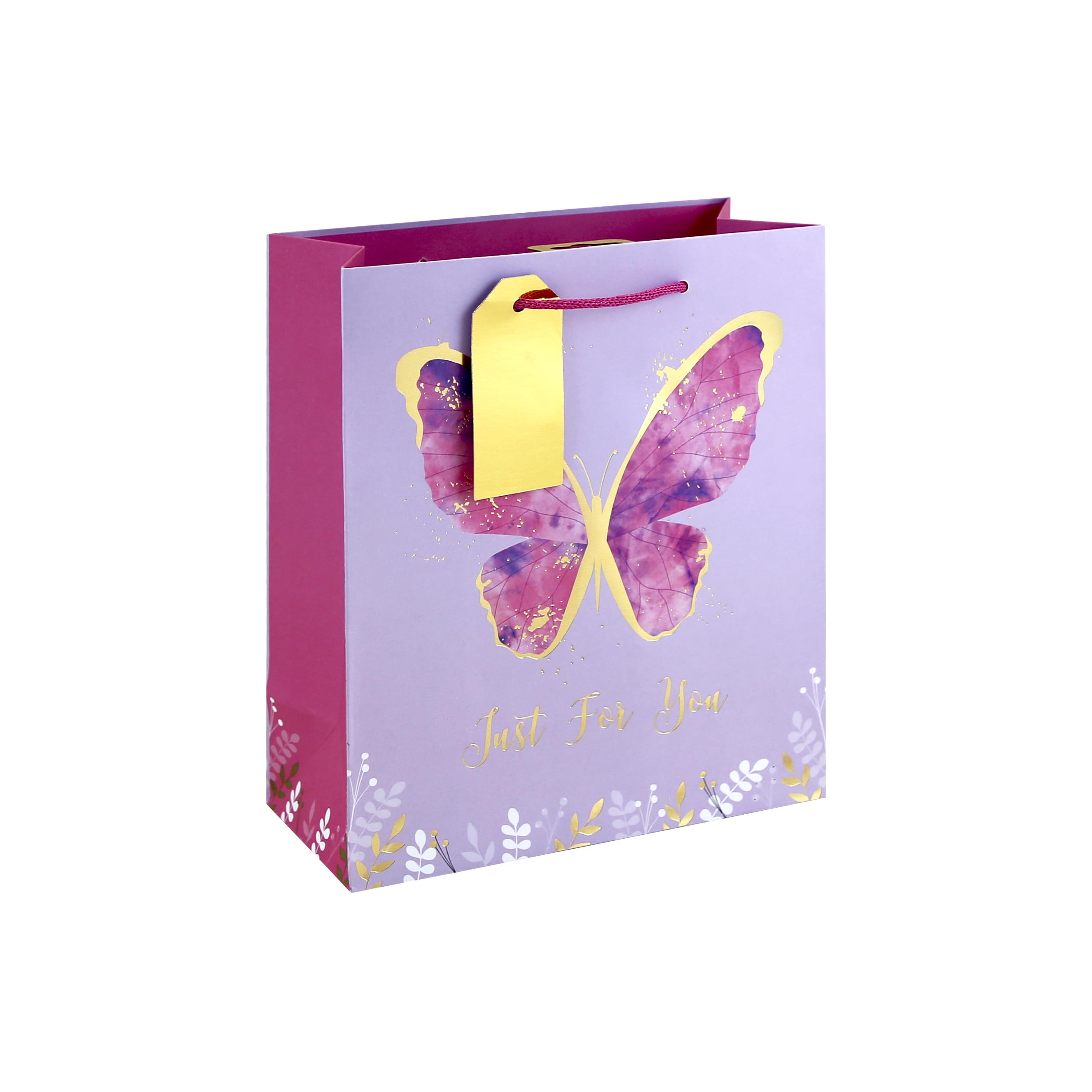 Eurowrap Butterfly Medium Gift Bags Pack of 6 – Just For You Present Bags with Pink & Purple Butterfly Design, Gold Foil & Paper Woven Handles – Gift Bags for Girls, Women, Birthday & Valentine’s Day — image 1