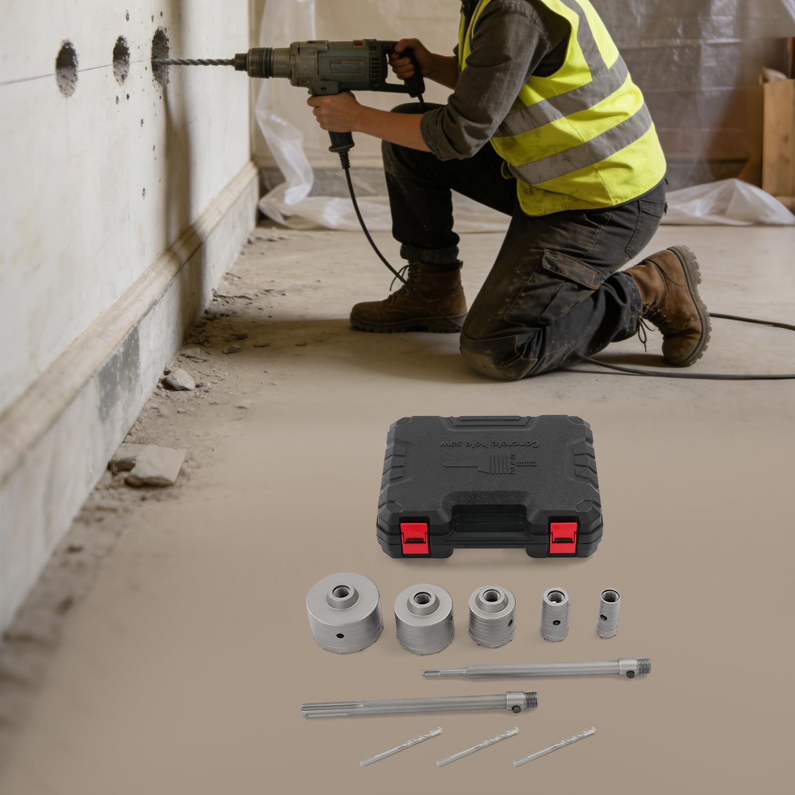 Juego de sierras perforadoras para hormigón SDS Plus Max, juego de brocas abridor de agujeros, maletín de herramientas, tratamiento de chorro de arena, pared de tubo engrosada, para martillo eléctrico