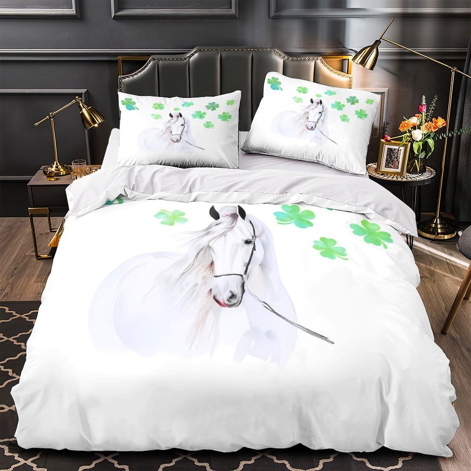 Housse de couette cheval blanc microfibre anti-plis et respirante pour lit King