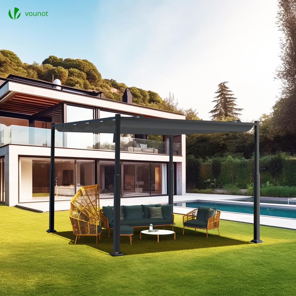 VOUNOT® Pergola Retrattile Scorrevole 3x3m, Gazebo da Giardino con Telo in Poliestere 180g/m², Tenda da Sole per Terrazza Esterno, Struttura in Metallo Resistente, Grigio Scuro