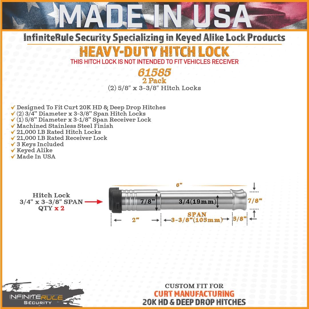 61585 | 2 Pack, Keyed Alike, Hitch Locks for CURT 2" Deep Drop Adjustable Trailer Ball Mount 15K LB Hitch - Fits Adjustable Ball Mount Only - Does NOT FIT Vehicle Receiver