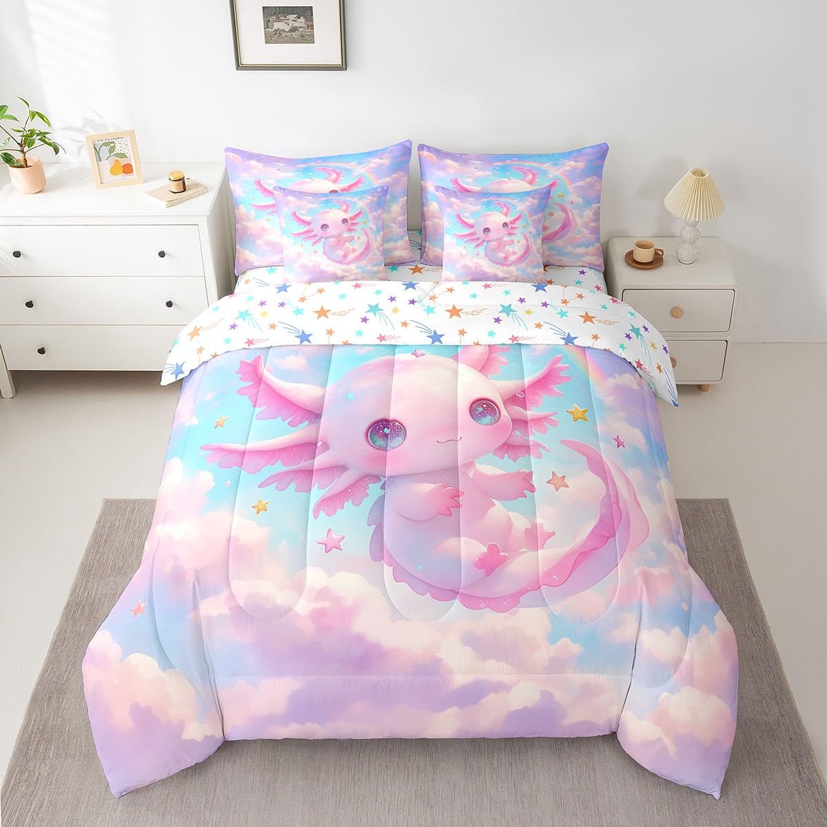 Feelyou Kids Cute Axolotl 7 Pieces Bedding Set Twin Size, Galaxy Cloud Bed in A Bag Boys Girls Cartoon Animal Comforter Set with Sheets Dreamy Rainbow Teens Bed Set Bedroom Decor 7Pcs