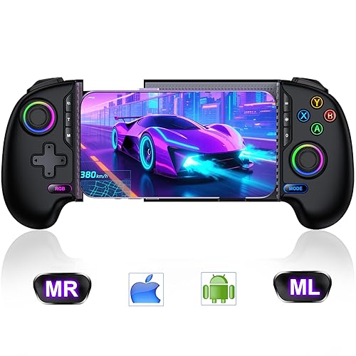 Wireless Mobile Game Controller for iPhone & Android – Hall Effect Joystick & Triggers, Programmable Back Buttons, Phone Case Support, Compatible