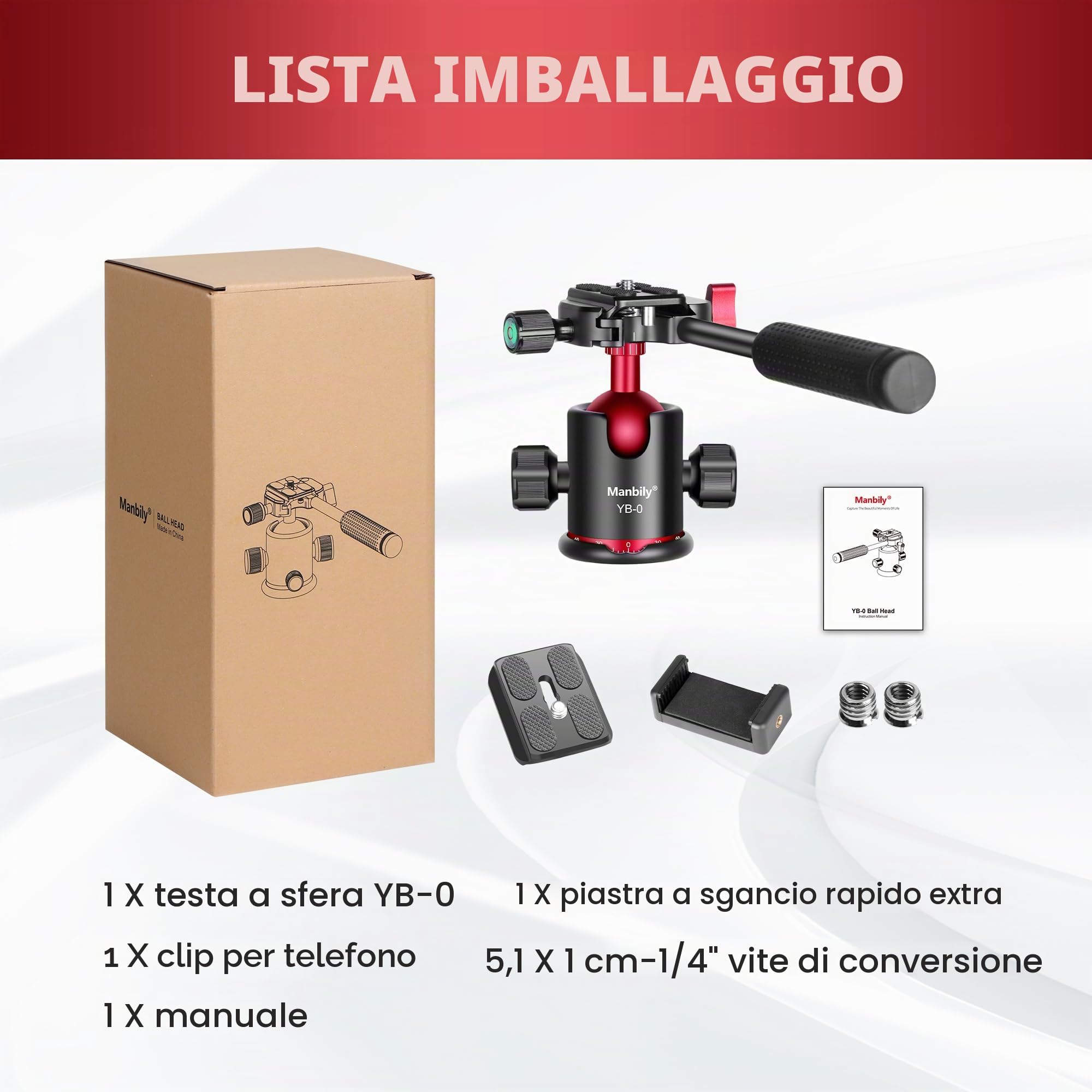 Manbily Testa a sfera con manico da 36 mm per treppiede monopiede, supporto a sfera in alluminio a 360 ° per fotografia panoramica Arca Swiss Piastra a sgancio rapido* 2, vite da 3/8" e 1/4" per