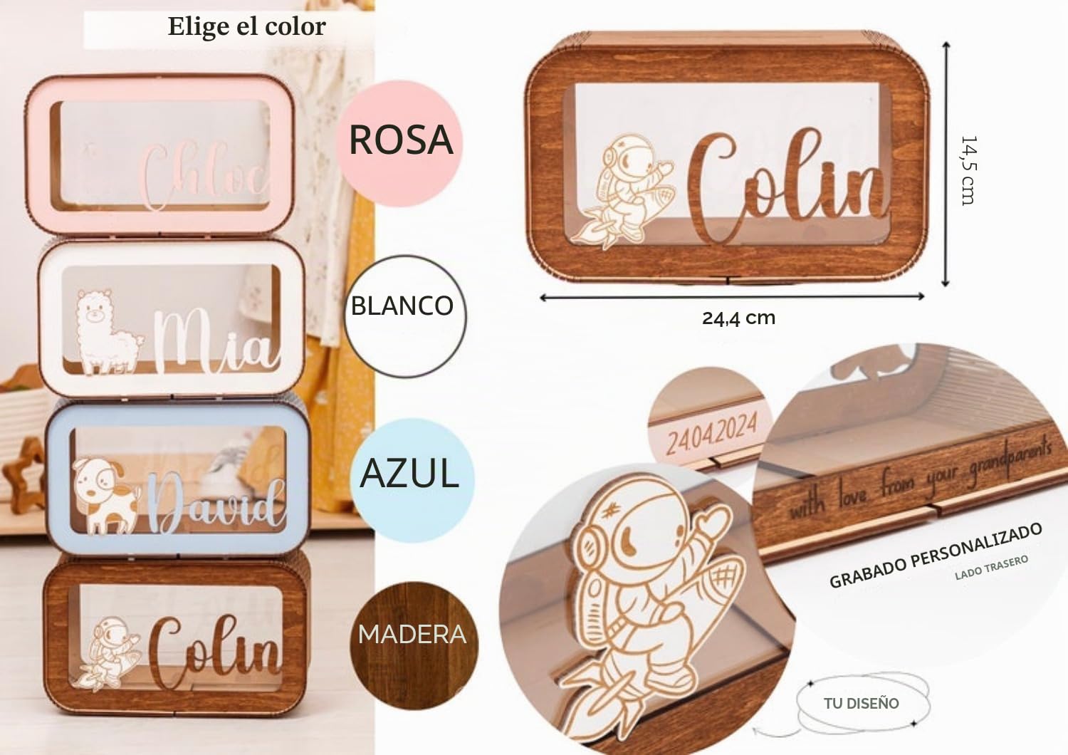 Hucha personalizada para niños, hucha para niños con nombre, regalo para bebé niña, bonita caja de ahorro, alcancía de madera para niños, regalo para cumpleaños, Navidad, baby shower (23,5 x 13,9 x 9
