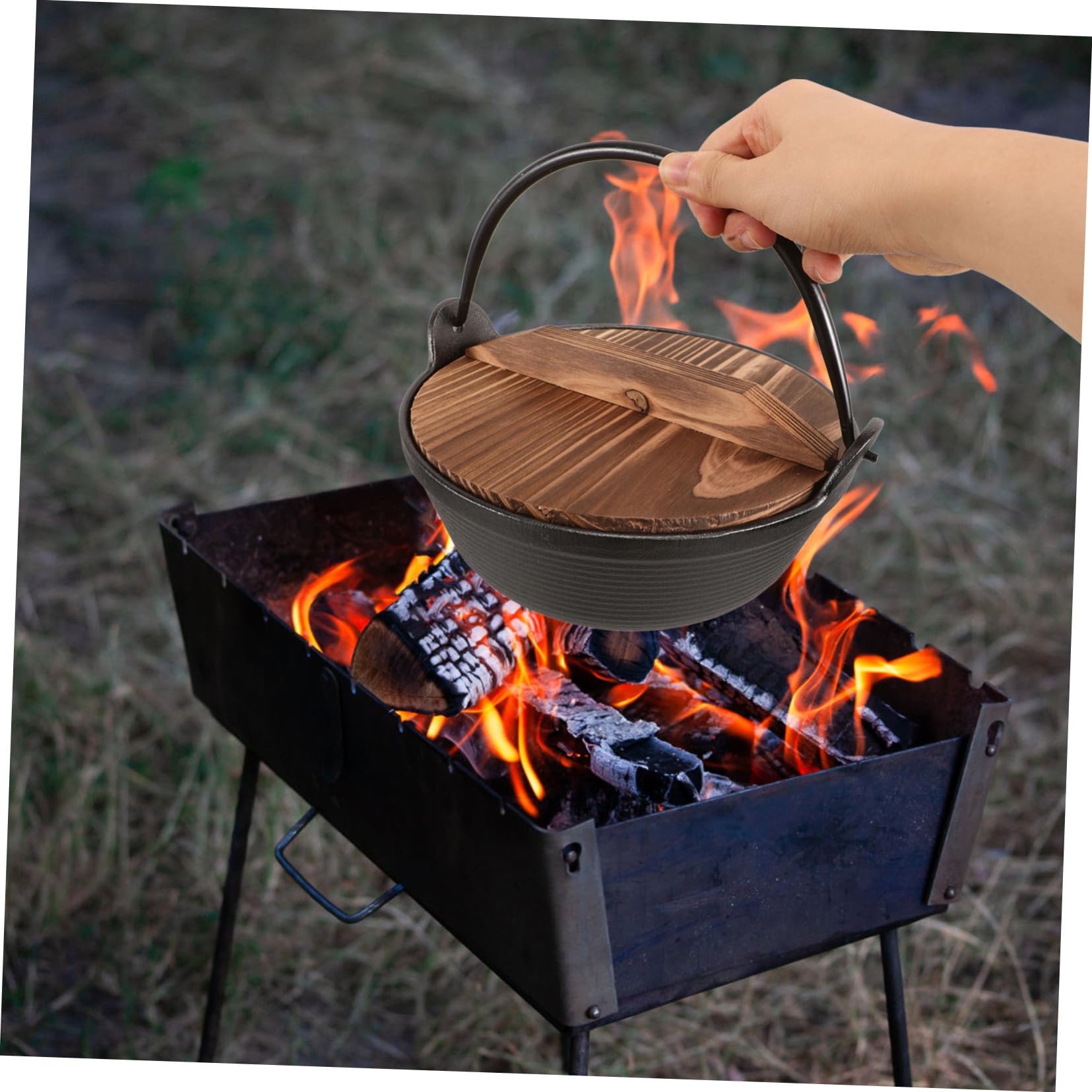 Olla de Hierro Fundido Japonesa para Camping con Tapa Potente Distribución de Diseño Colgante para Ahorro de Espacio para Guisos y Estofados al Aire