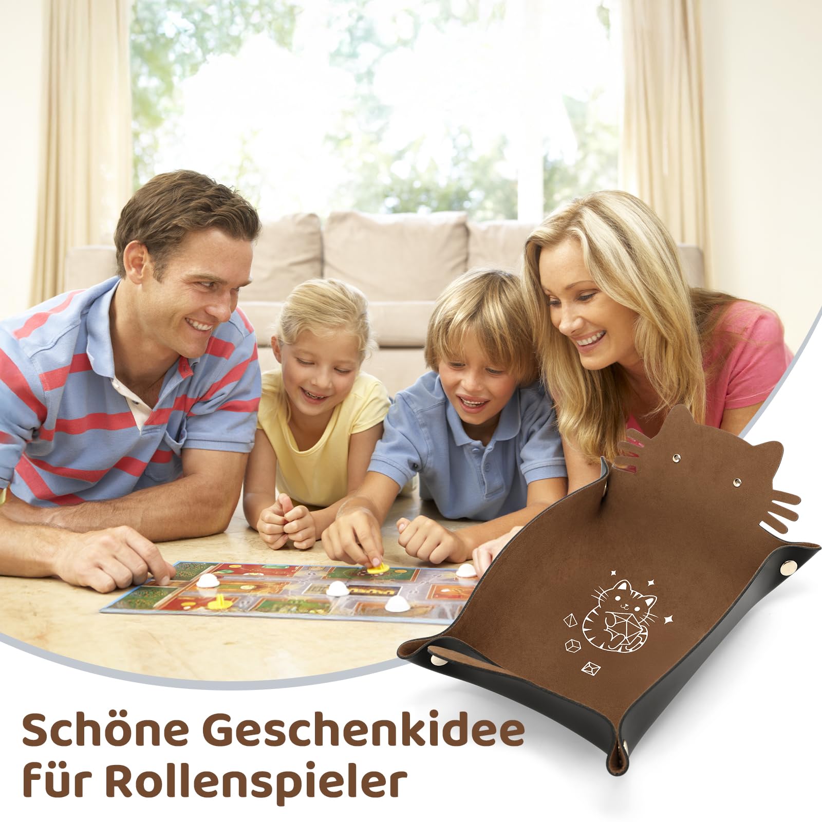 Würfeltablett mit Katzenmotiv, Faltbarer Würfelhalter aus Leder, tragbarer Würfelaufbewahrungs-Organizer, lustiges Geschenk für DND-RPG-Spieler (Braun)