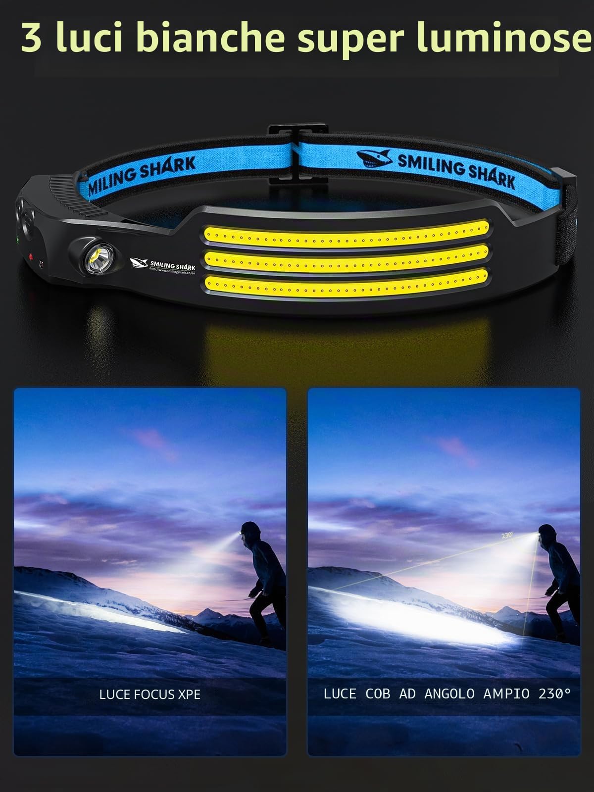 Smiling Shark Lampada Frontale, 230°Angolo Ampio 3*Strisce Luce Luminose Bianca Brillante Ricaricabile Sensore di Movimento Faro Impermeabile Campeggio Outdoor, Torcia-Frontale-Lampada-LED-Camping