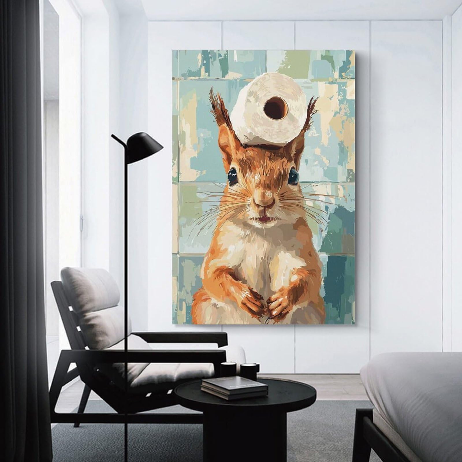 Junmoney Decorative Wall Artwork Squirrel with Toilet Paper Hat, 12x18inch(30x45cm), for Lounge, Bedroom Or Personal Spaces, Thoughtful Wall Decor for Art Lovers