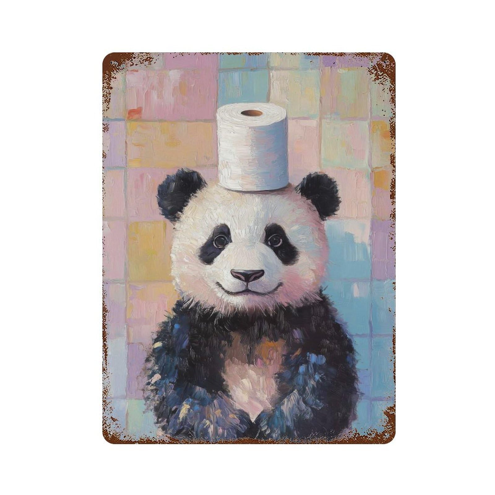 Panda with Toilet Paper Hat Rusty Metal Tin Sign 15.7"x11.8", for Living Room, Hallway And Home Decor, Old School Wall Decor