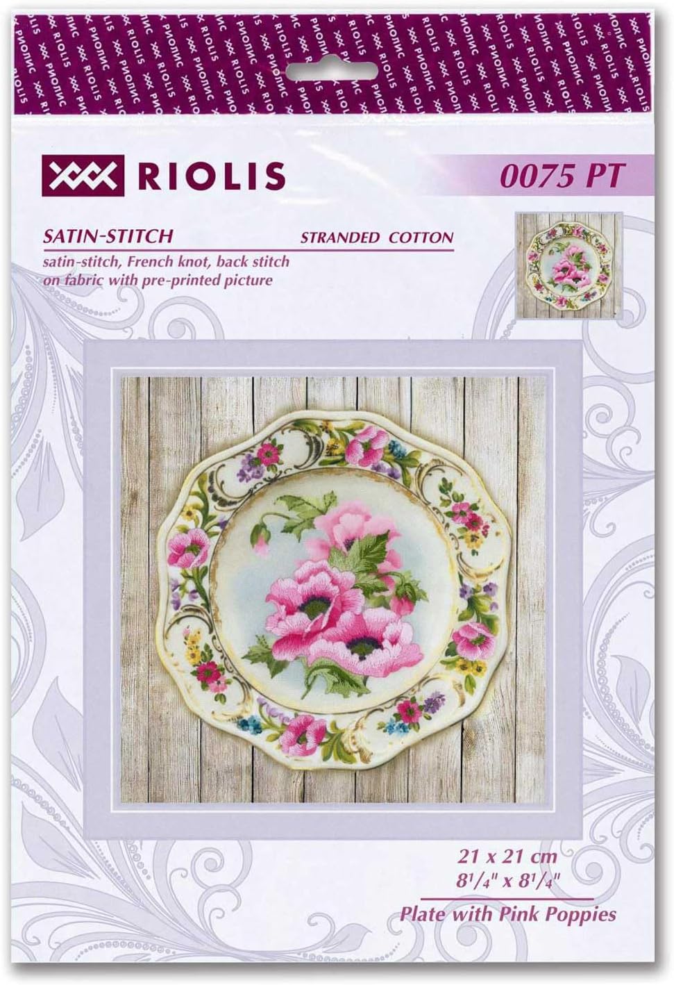 RIOLIS - Plate with Pink Poppies. Satin Stitch - Cross Stitch Kit 8¼" x 8¼ Fabriс with Pre-printed Picture 10 Colors