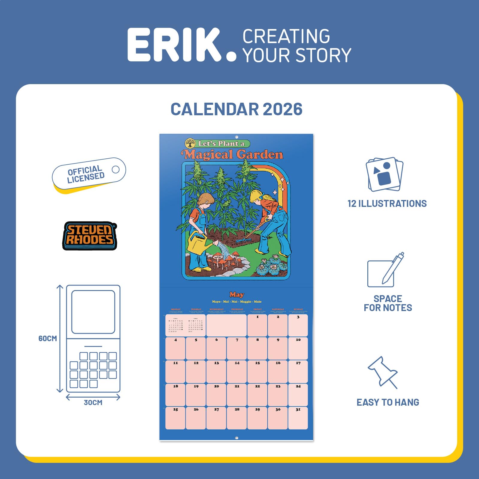 Grupo Erik Wall Calendar 2026 - Steven Rhodes Calendar 2026 | Square 30 x 30 cm - 12 x 12 inches Wall Planner, Family Planner Month To View | Retro Art Gifts, Funny Gifts For Friends