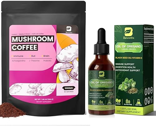 Miniatura 1 de B BEWOTHS Gotas de aceite de orégano con aceite de semilla negra + polvo de café de hongos delgados con ashwagandha, melena de león, reishi,