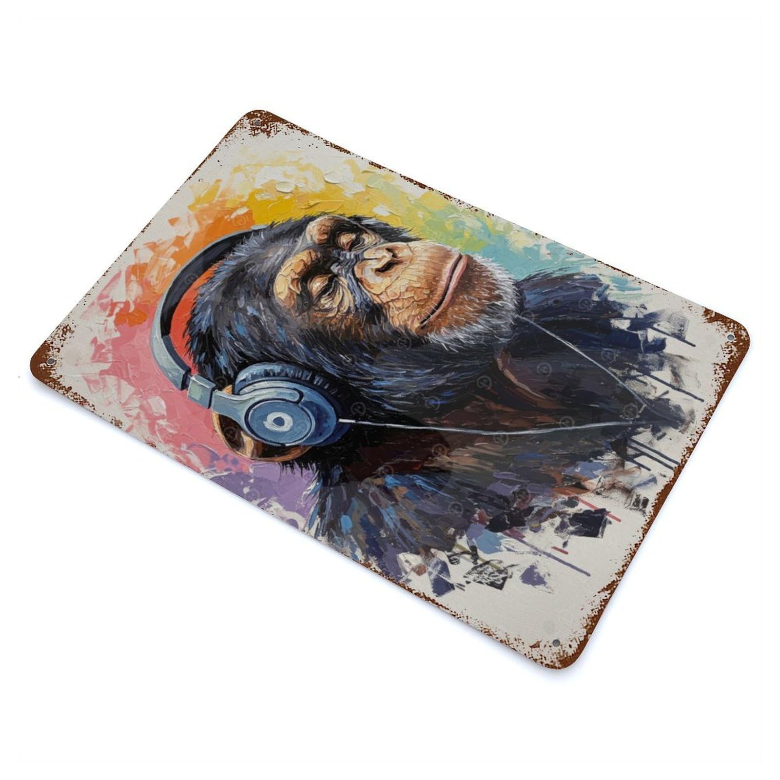 Rust Effect Chimpanzee with Headphones Painting Retro Metal Sign 11.8"x7.9", Classic Wall Plaque for Cafe, Home Bar And Lounge Decor