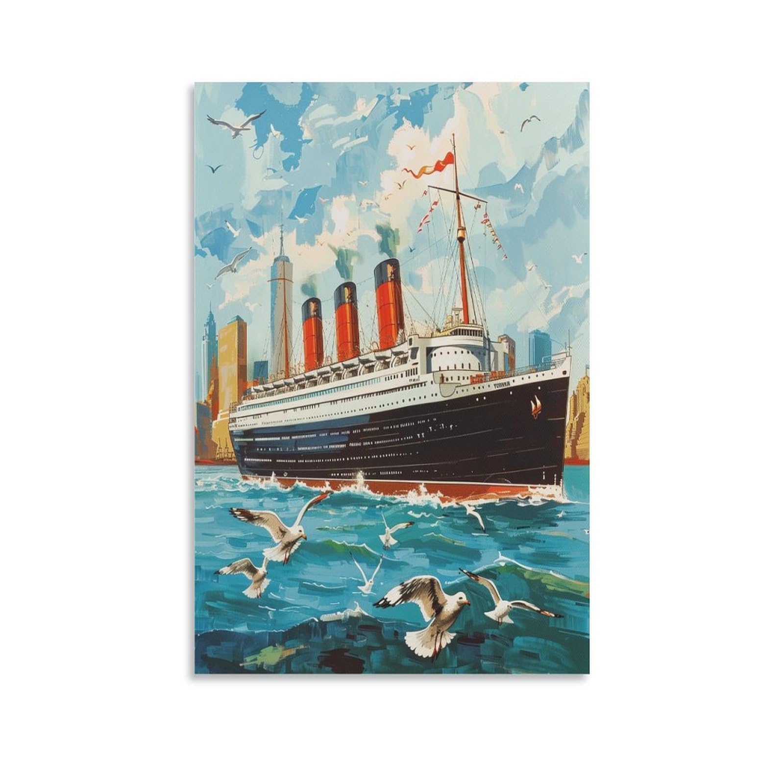 Euumkoo Unframed Harbor Big Ship Canvas Wall Art, Vintage Skyline Ocean Cruise Ship Picture Painting On Canvas, Print Poster Decoration Artwork For Home Living Room Bedroom Wall Decor Unframe 20X30inch(50X75cm)
