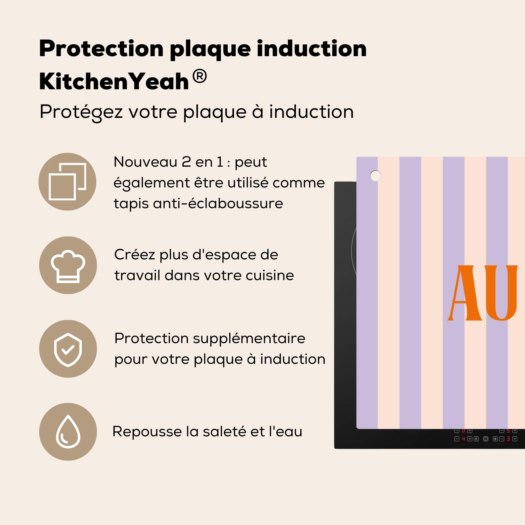 KitchenYeah© Protege Couvre Plaque De Cuisson Décoration Cuisine Tapis Protection Protecteur Induction 91x52 cm Lila - Orange - Rayures - Au revoir
