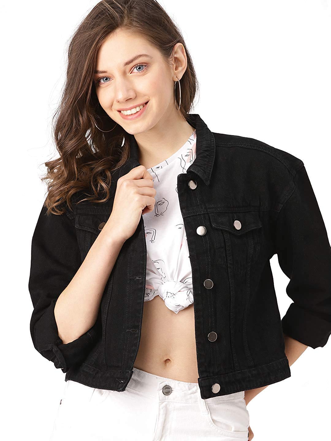 POUR FEMME Full Sleeve solid Black Women's Regular Comfort Fit DENIM JACKET