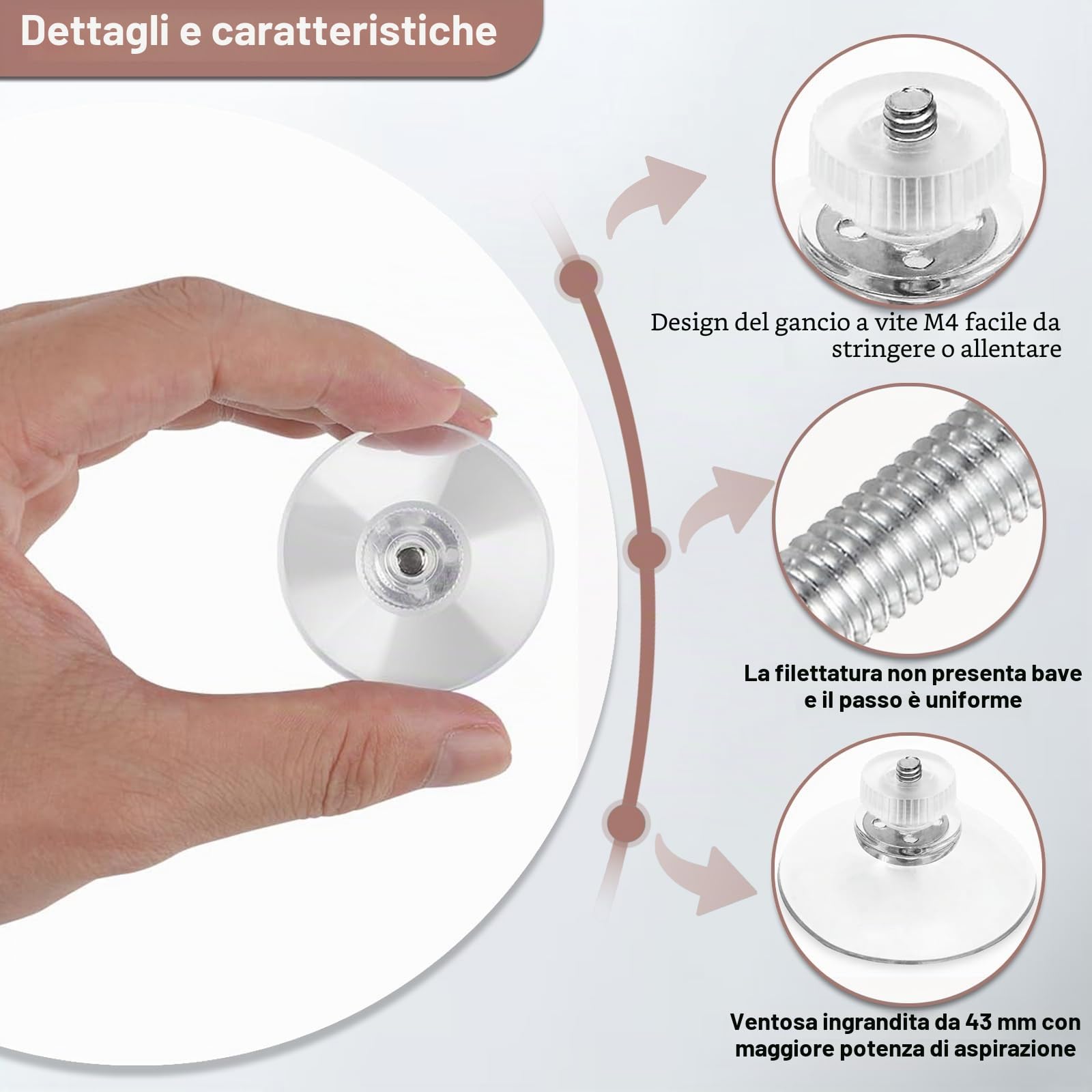 Ganci a Ventosa con Vite per Vetro, Confezione da 5 Ventose da 43 mm con Dado Zigrinato M4, Supporto a Ventosa Trasparente con Pulsante Tondo Filettato, Ventosa Versatile per Finestre, Auto
