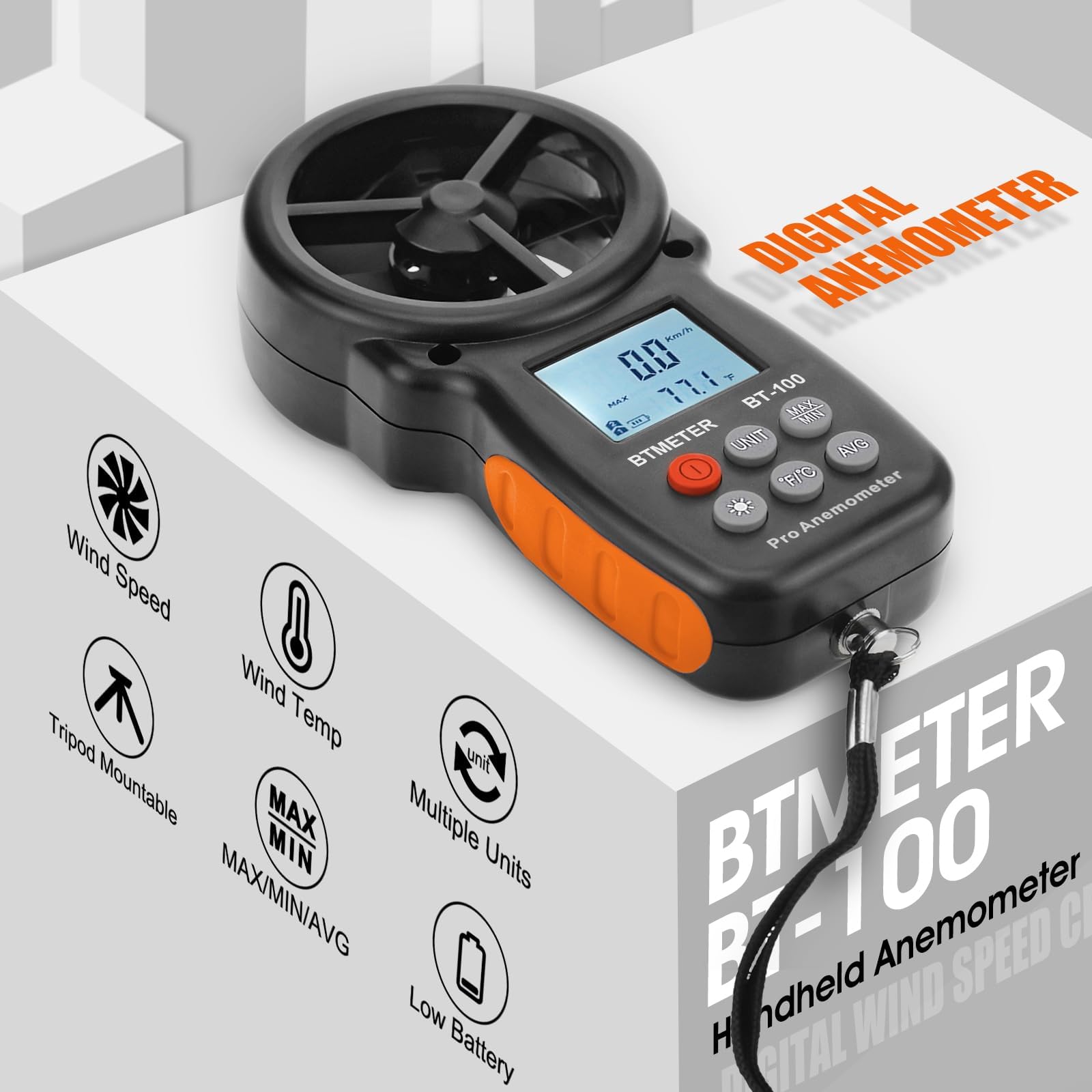 BTMETER BT-100 Anemómetro Portatil, Digital Anemómetro de Mano del viento de Pantalla LCD Medidor de Velocidad Viento Aire con Luz de Fondo MAX/MIN para Vela