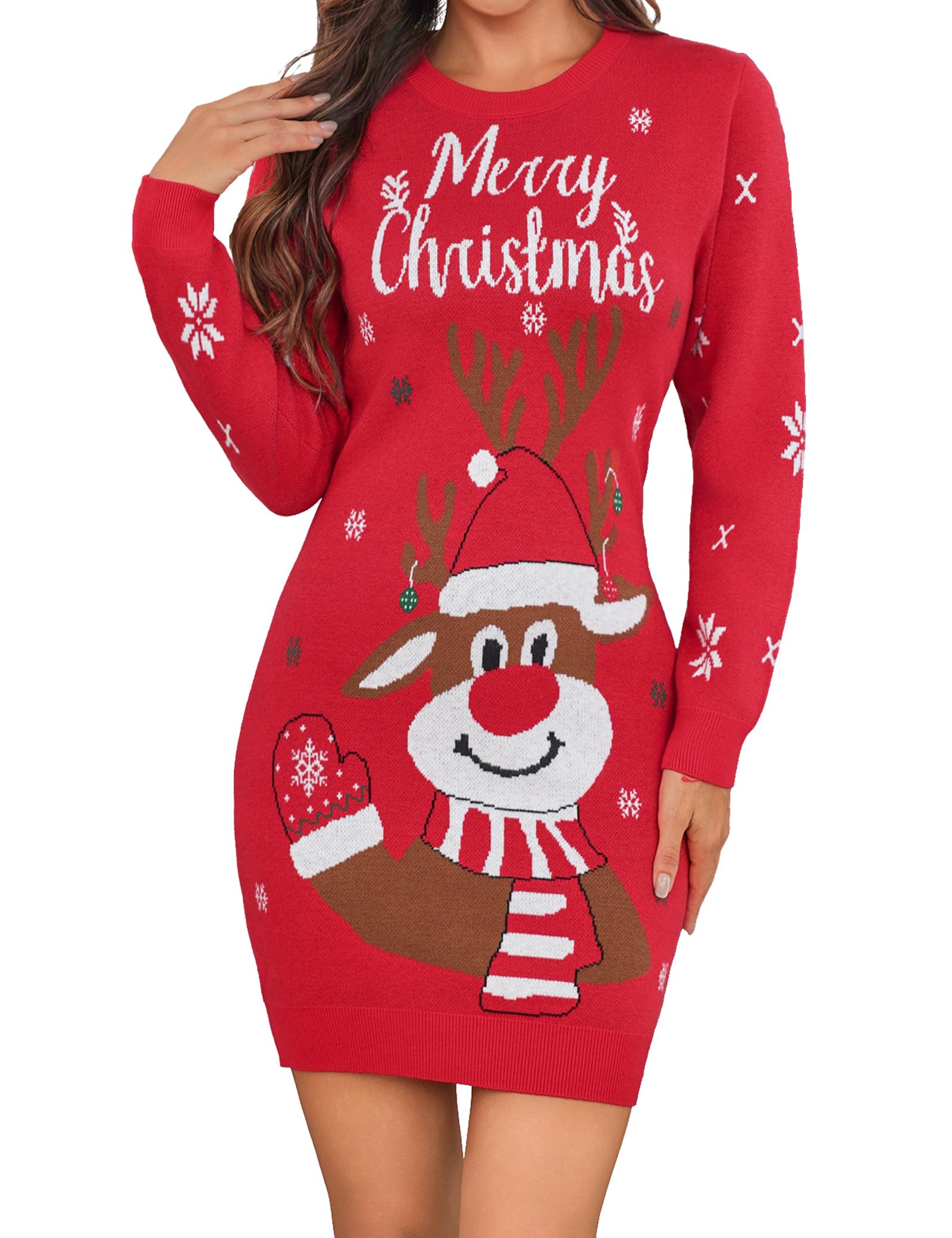 Gyabnw Robe Pull de Noël Femme Motif Renne Manches Longues | Maille tricotée, coupe ajustée, longueur genou, style festif pour l’hiver