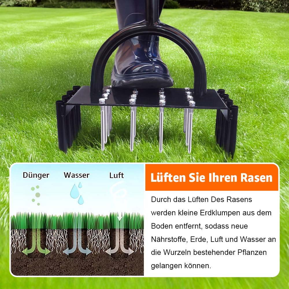 2-in-1 Rasenlüfter und Aerifizierer für Rasen mit 16 Nägeln und 8 hohlen Schlitzen, T-Griff, Rasenbelüfter für Garten