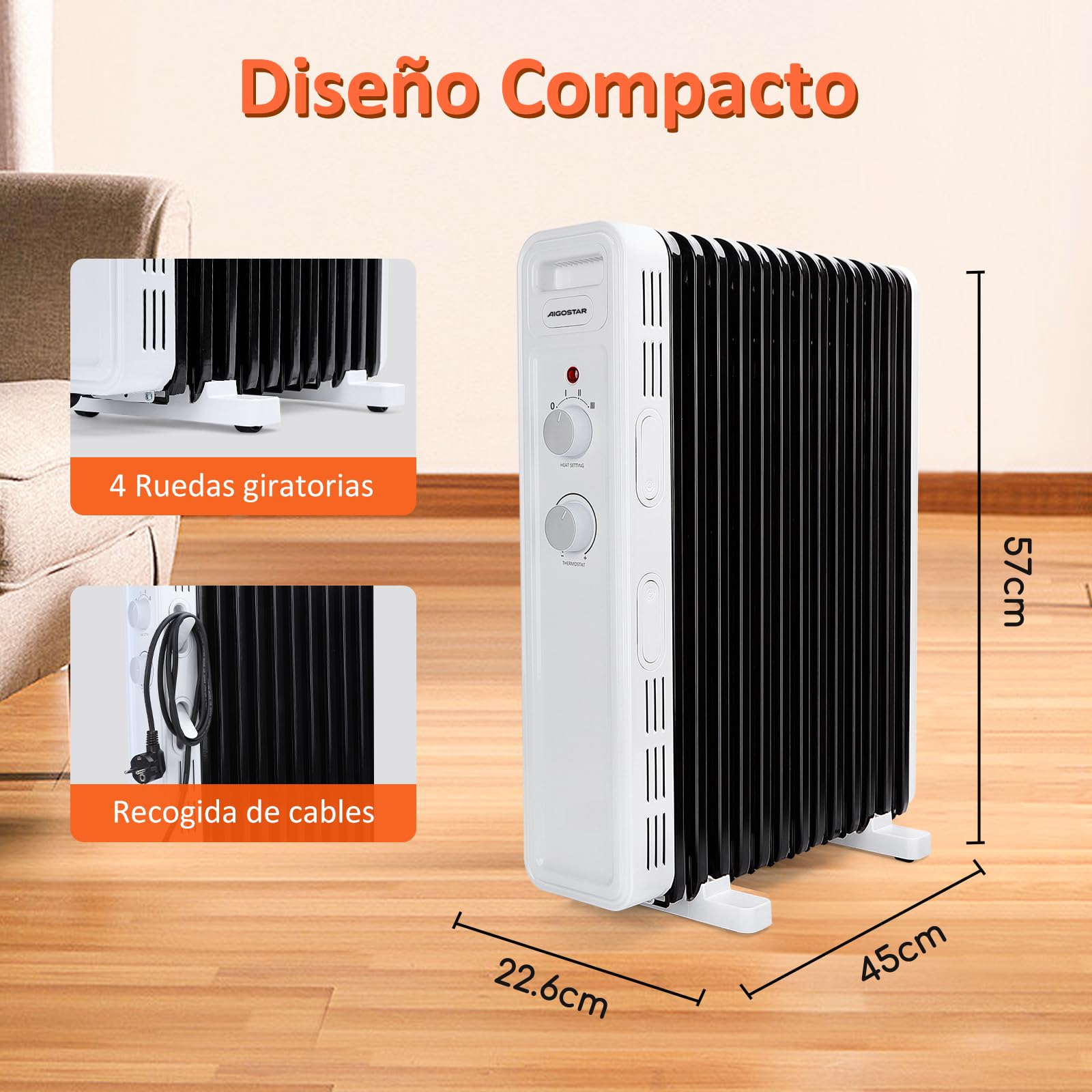 Aigostar Radiador de Aceite de 13 Elementos, 2500 W, Silencioso, 3 Niveles de Potencia, Termostato Ajustable y Función de Apagado Seguro, Protección Antivuelcos, Recomendado para Estancias de 25 m2