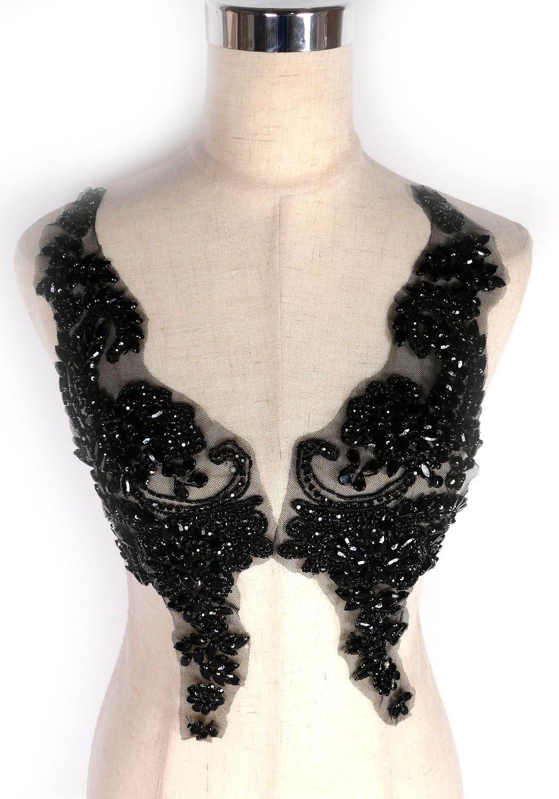Photo 1 of Labellezalady Beaded Applique Trim, Black Rhinestone Lace, 3.5x11.8in