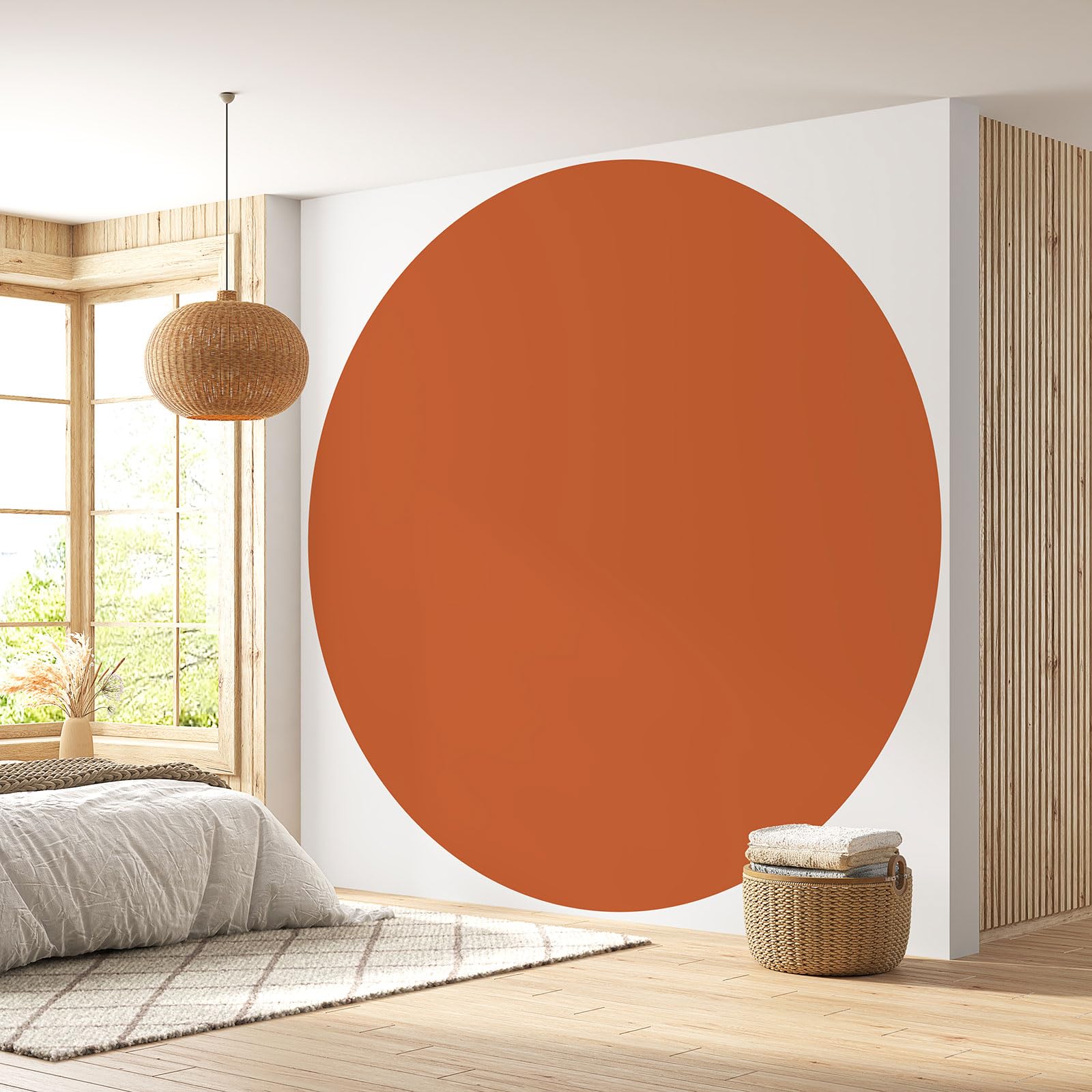 Papier peint rond orange cuivré Lumalea fini les murs blancs sans âme