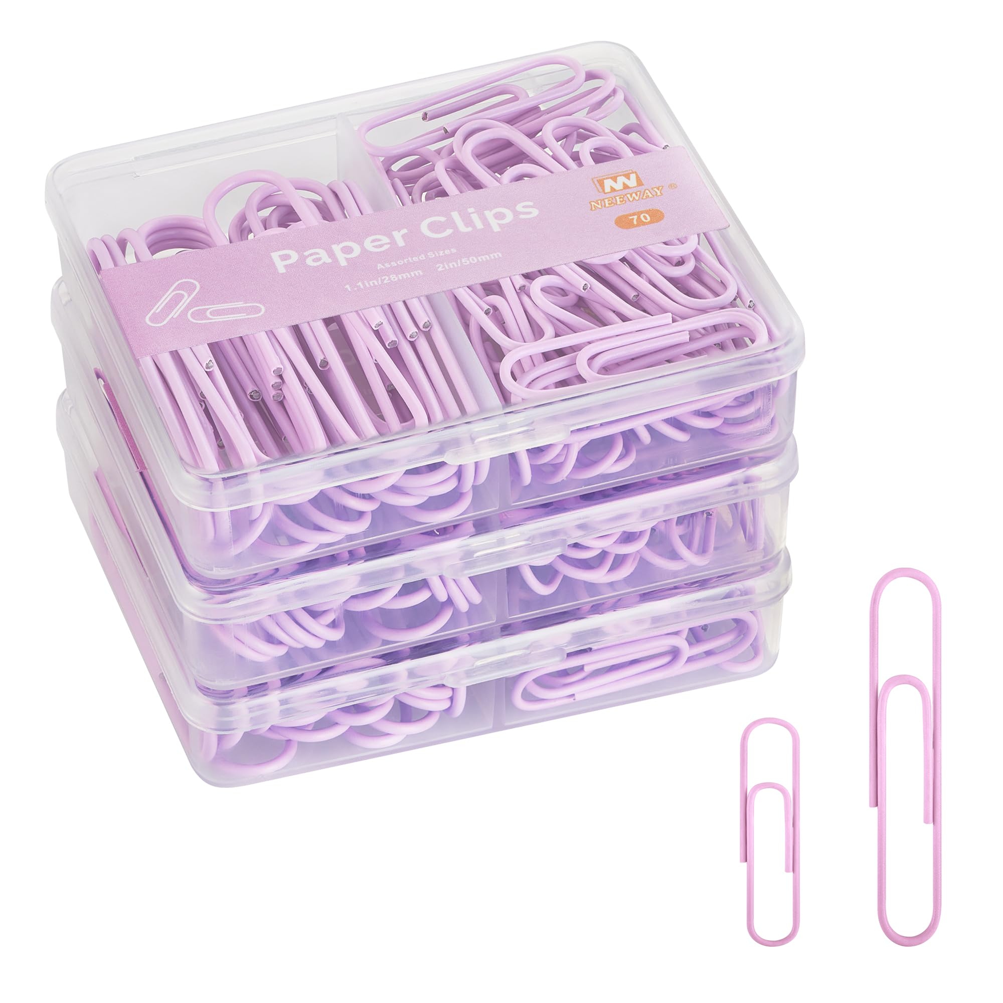 NEEWAY Colorful Paper Clips Assorted Sizes, Small and Large Paper Clips, 210 Count, 3 Pack of 70 (Light Purple)