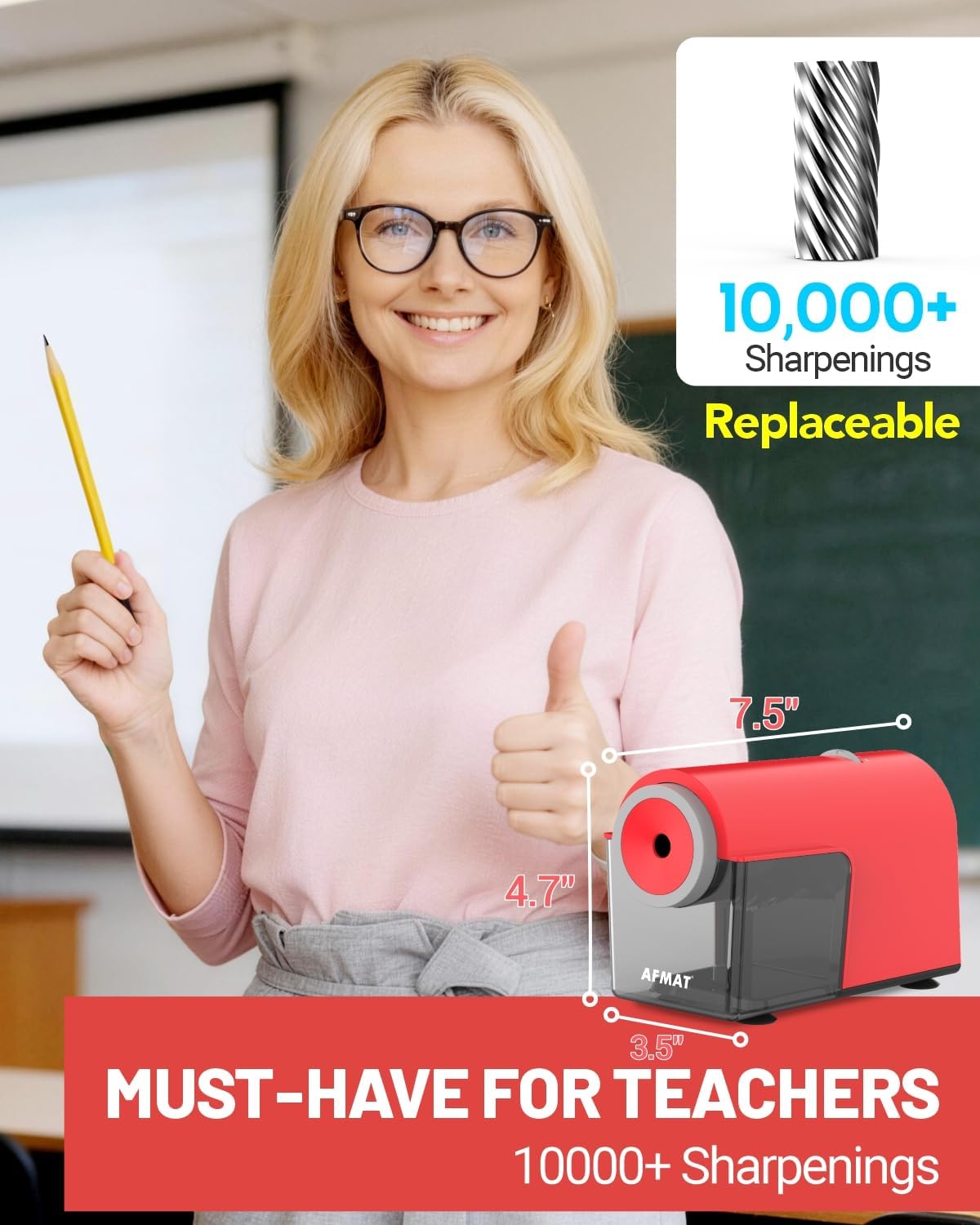 AFMAT Electric Pencil Sharpener, Fully Automatic Pencil Sharpener for 6.5-10.5mm No.2/Jumbo/Colored Pencils, Auto in & Out, 5 Sharpness Modes, 10000+ Sharpenings for Classroom Home Office, PSC5(120V)