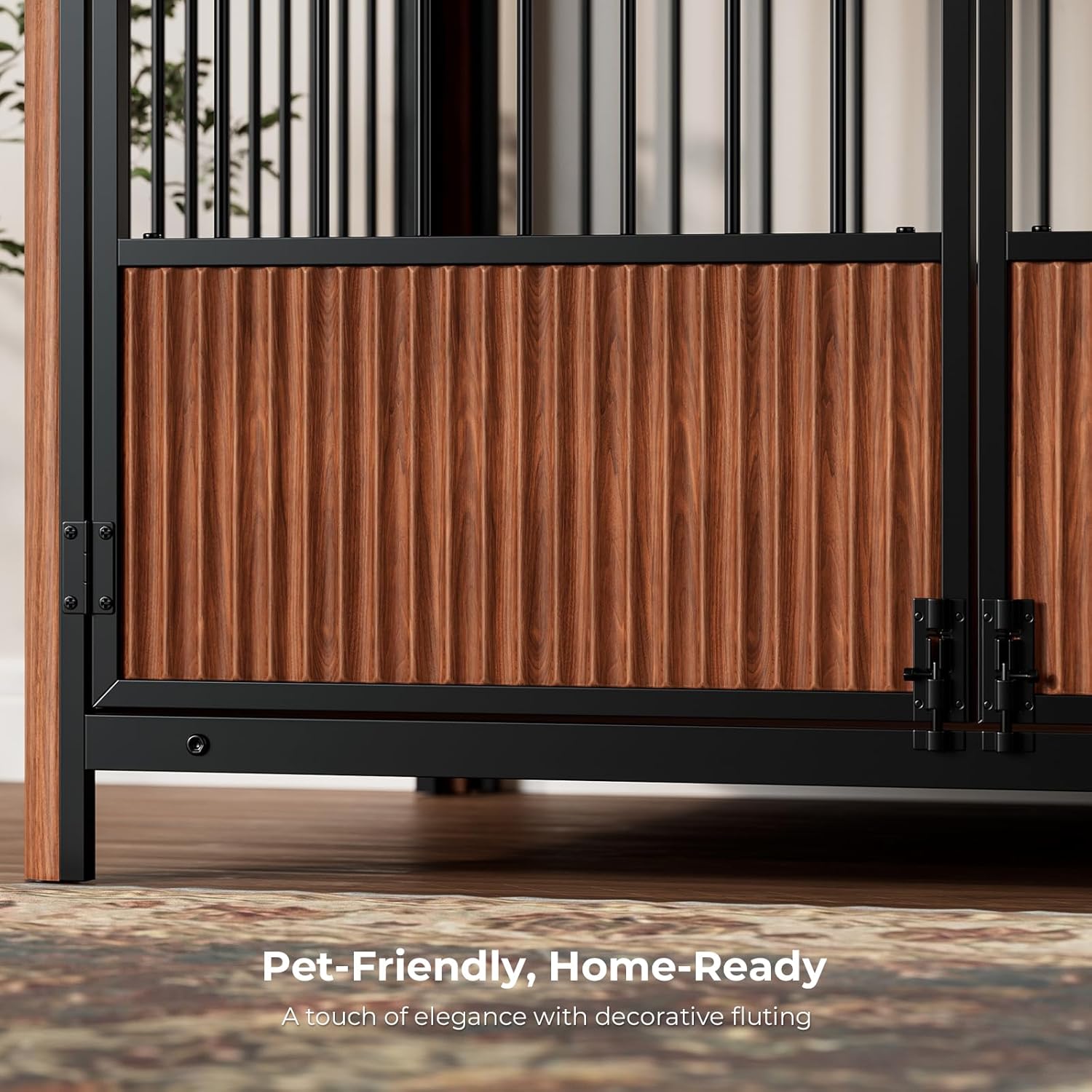 43'' XL Fluted Large Dog Crate Furniture with 3 Doors, Modern Indoor Decorative Dog Crate End Table, Wooden Dog Kennel Cage for Medium to Large Dogs, Walnut