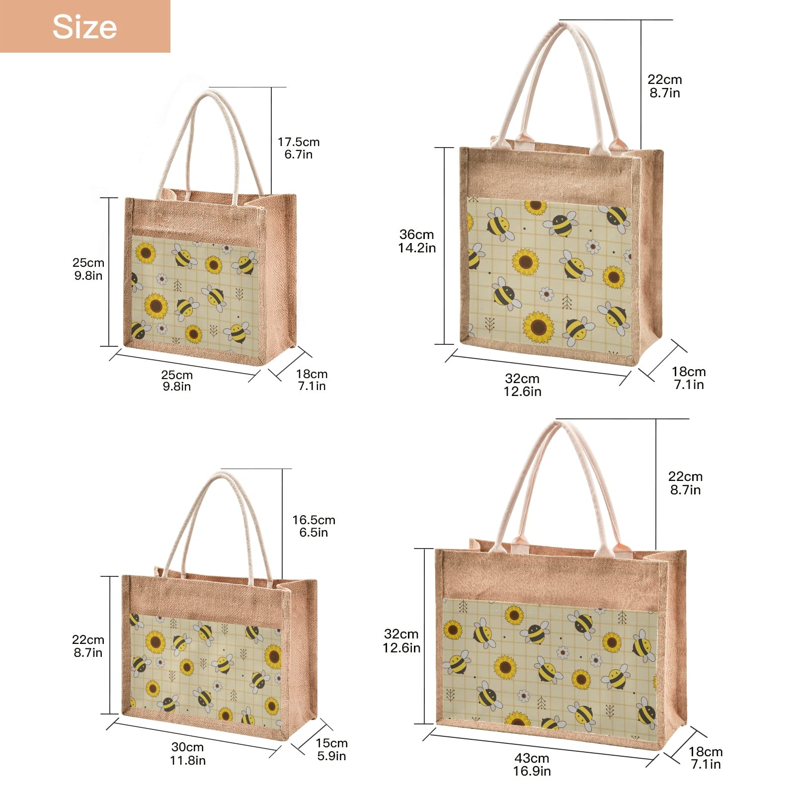 CaTKu Cute Bee Sunflower Jute Tote Bags - 17