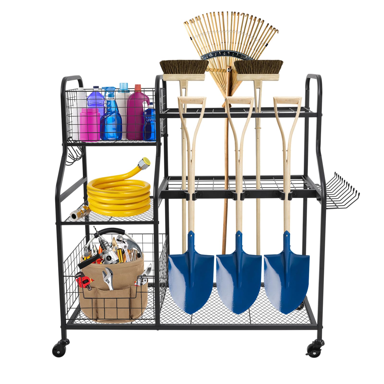 Scaffale per attrezzi da giardino, 36 scomparti, 12 ganci, in acciaio al carbonio, con ruote, portata 40 kg, per giardino, garage, capanno, 91,95 x 41,91 x 94 cm, colore nero